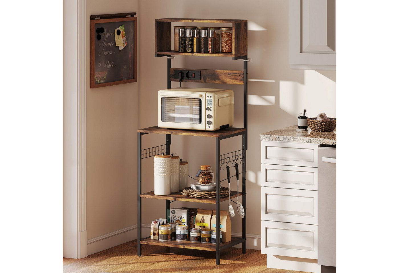 HOMCOM Küchenregal Bäckerregal Kaffeebar mit X-Streben, aus Stahl, Standregal 1-tlg., Mit Steckdosen und 5 Haken, Rustikal-Braun
