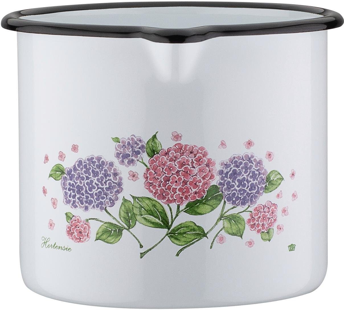 GSW Topf-Set Hortensie, Stahl-Emaille (Set, 6-tlg., je 1x Kochtopf Ø 16/20 cm, Stielkasserolle Ø 16 cm, Milchtopf Ø 12 cm), Induktion