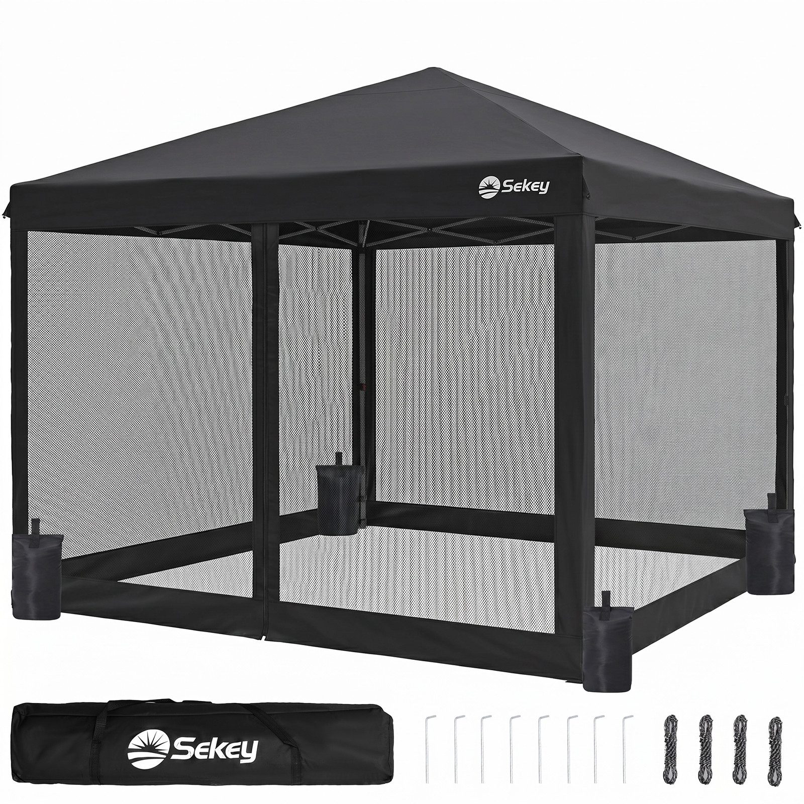 Sekey Faltpavillon Pop Up Pavillon 3x3 m mit Moskitonetz, Gartenpavillon mit 4 Sandsäcke, Pavillon Wasserdicht, Höhenverstellbar, für Garten Party Camping