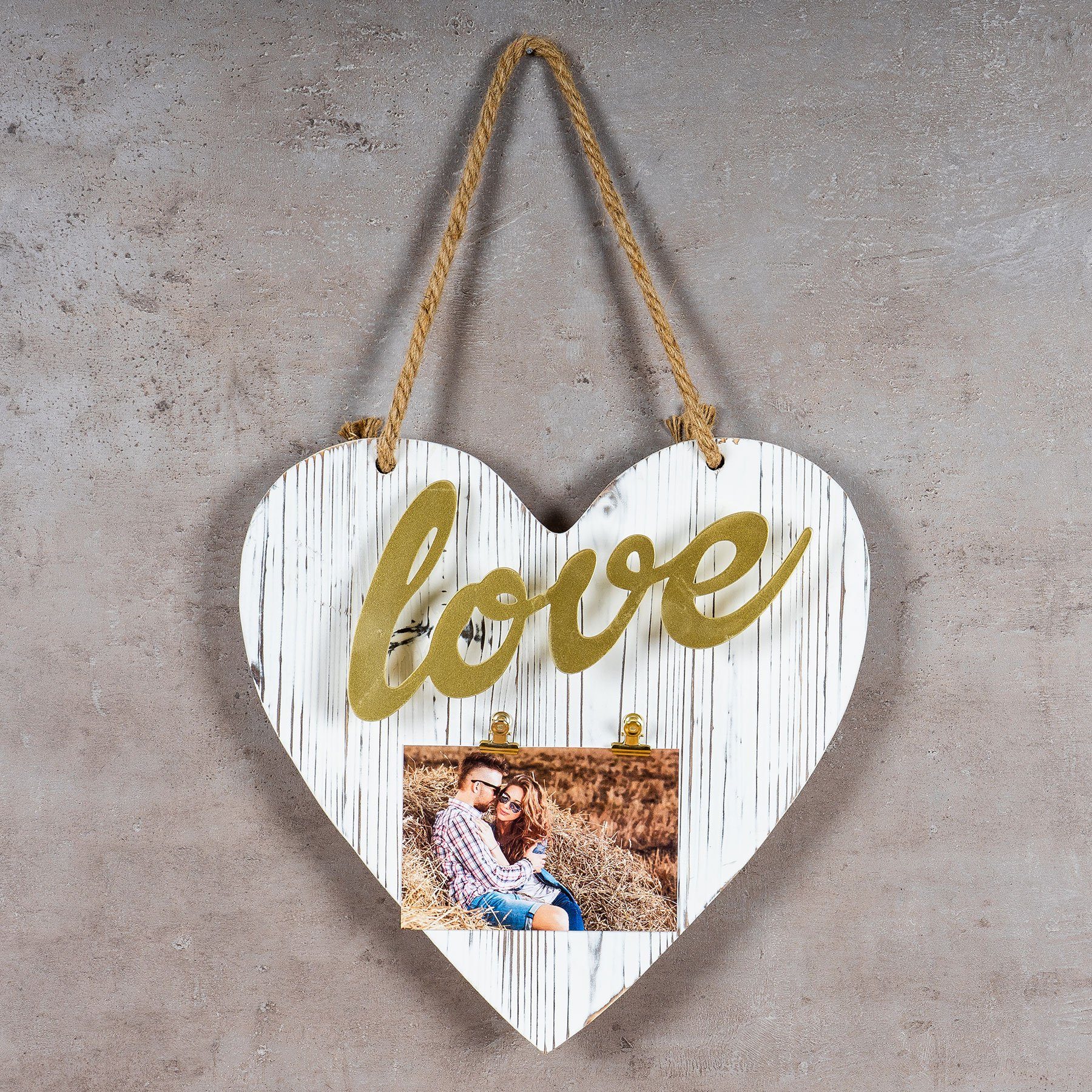 Levandeo® Chic Shabby Gold Schriftzug Love 10x15 Bilderrahmen, Klammern Vintage Bilderrahmen Herz