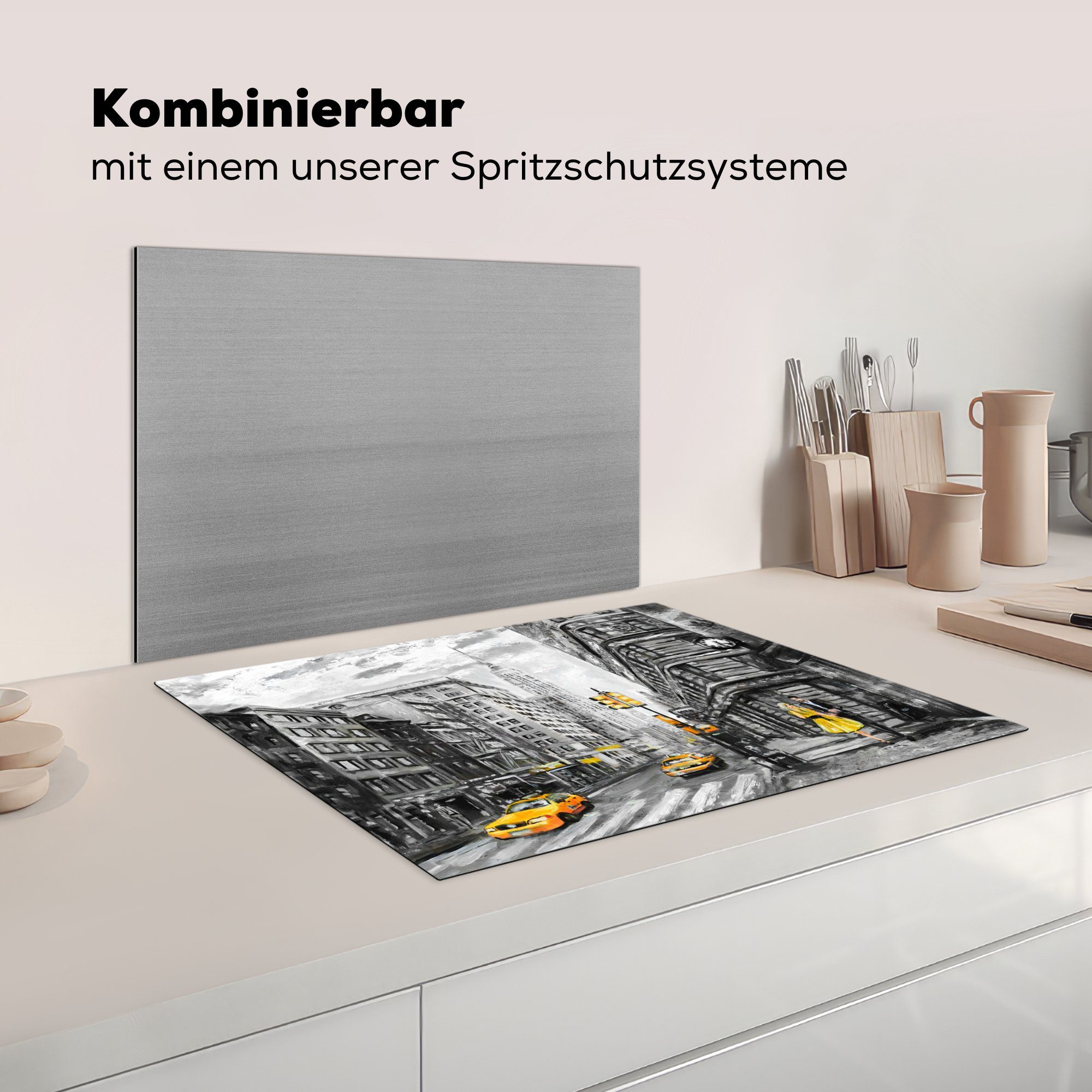 Herdblende-/Abdeckplatte Stadt 70x52 Vinyl, tlg), Gelb, Mobile MuchoWow cm, nutzbar, Malerei Ceranfeldabdeckung (1 Auto - - Arbeitsfläche -