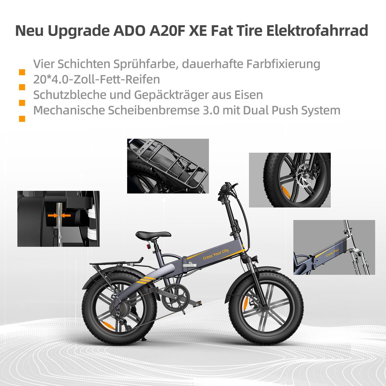 ADO E-Bike Klapprad Pedelec E-Bike 20X4.0 Gang, Gepäckträger, Damen/Herren, 7 Grau Reifen, Kugelschaltung, Fetter +Fingerprint-Schloss/Helm ebike Lampe