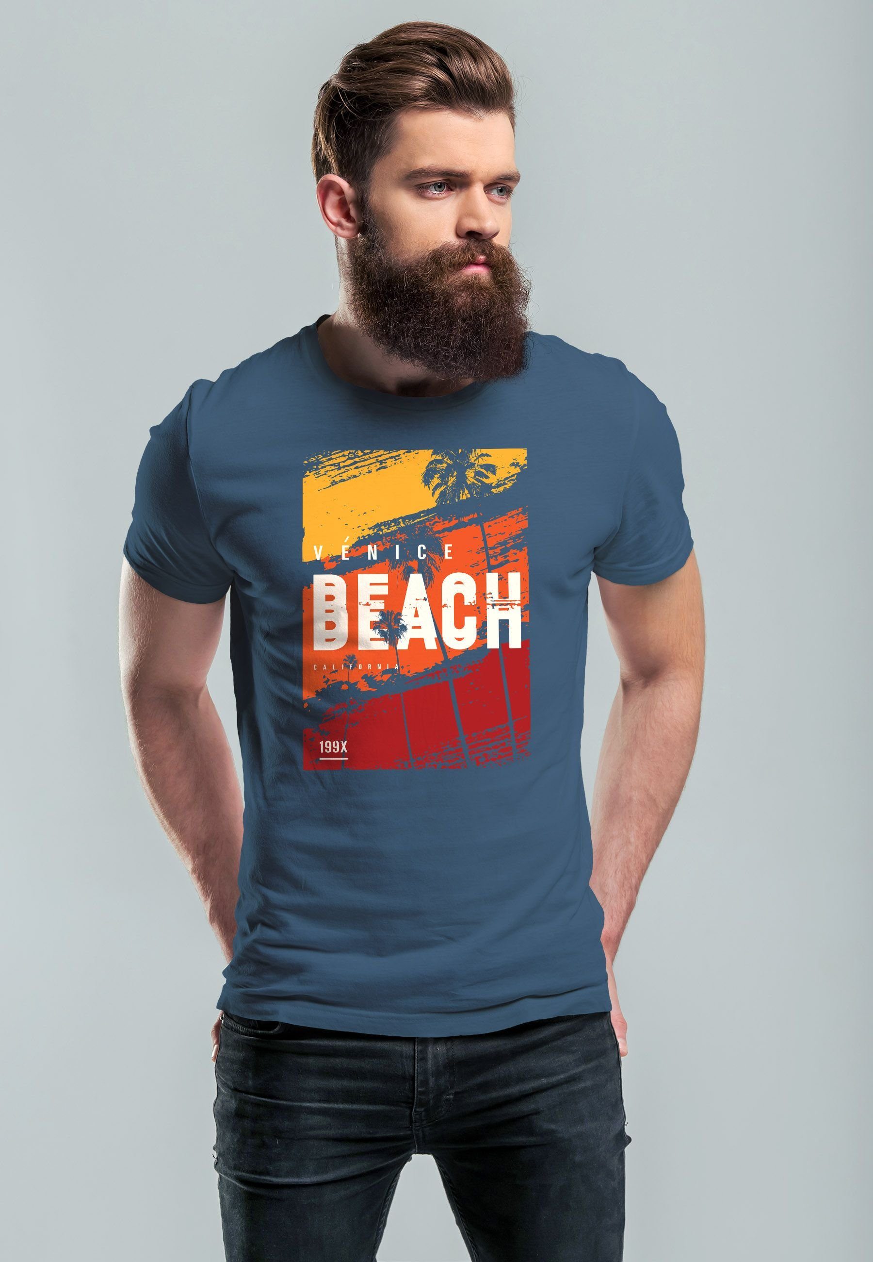 denim Palme Print mit Strand blue Aufdruck Beach Herren Sommer Motiv Neverless Surfing T-Shirt Venice Print-Shirt