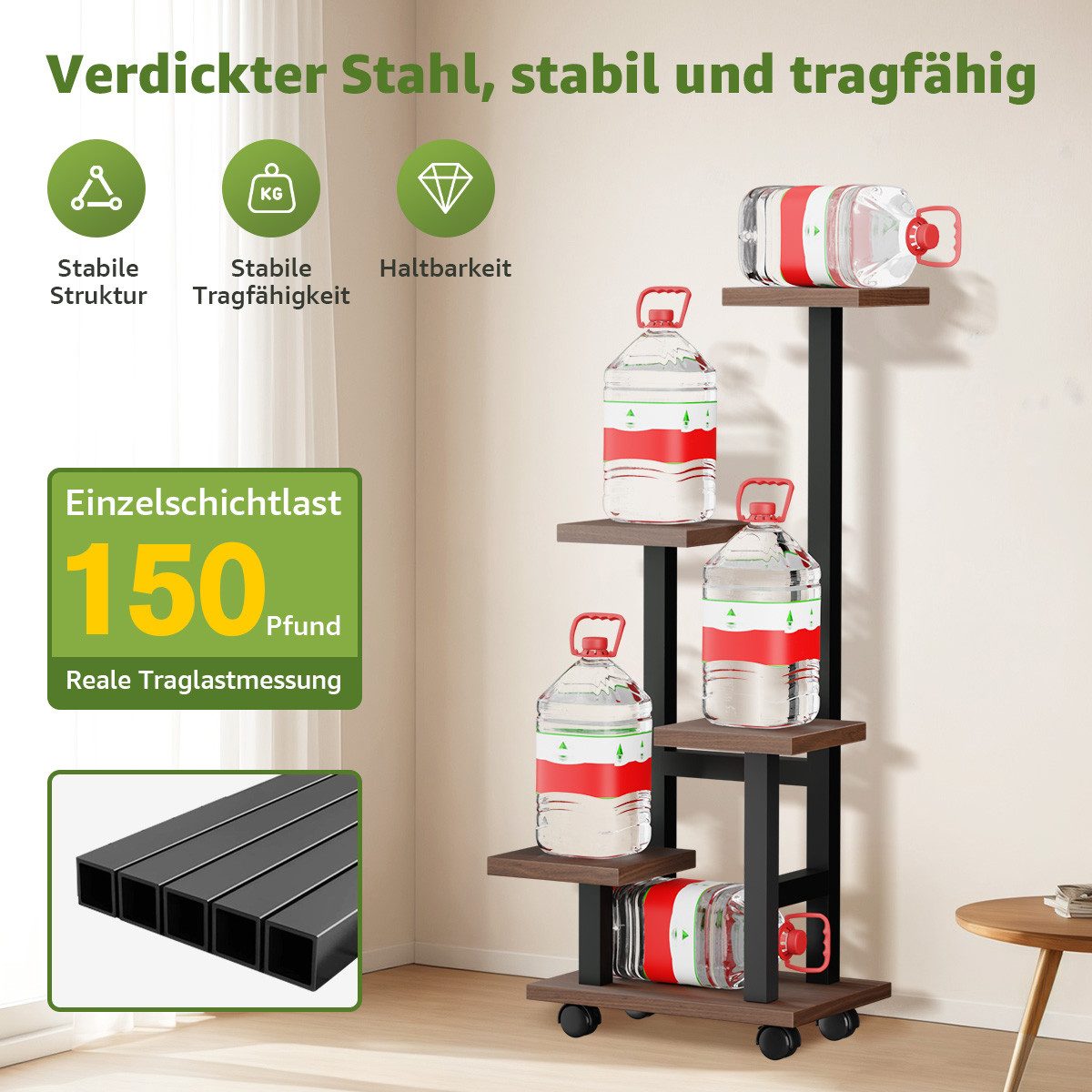 Simloveve Blumenständer Pflanzenständer aus Holz und Metall Pflanzentreppe Blumentreppe (blumenständer mit 4 Rollen), Outdoor Indoor Blumenregal für Wohnzimmer, – Bild 4 von 5