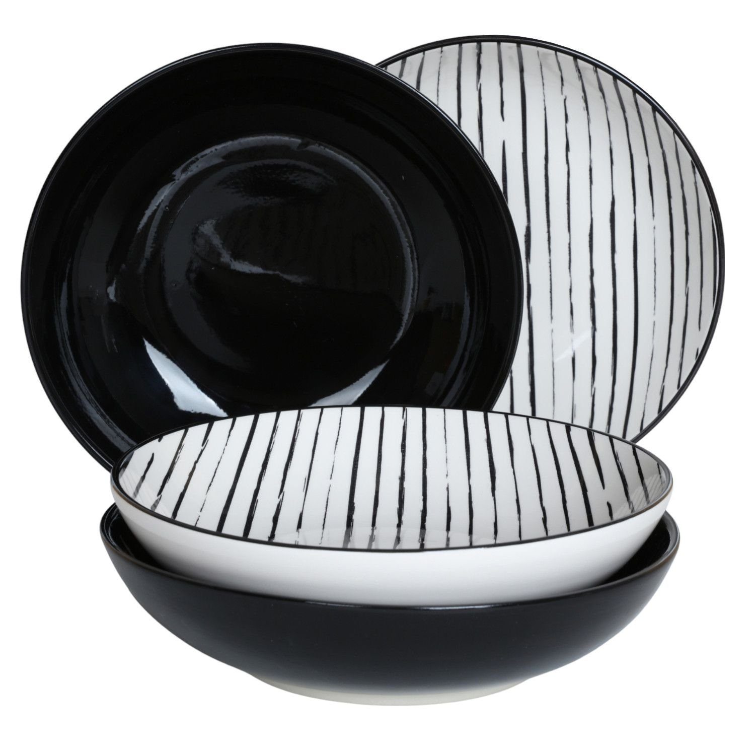 BURI Teller Suppenteller 4er-Set Keramik Essteller gestreift schwarz Speiseteller