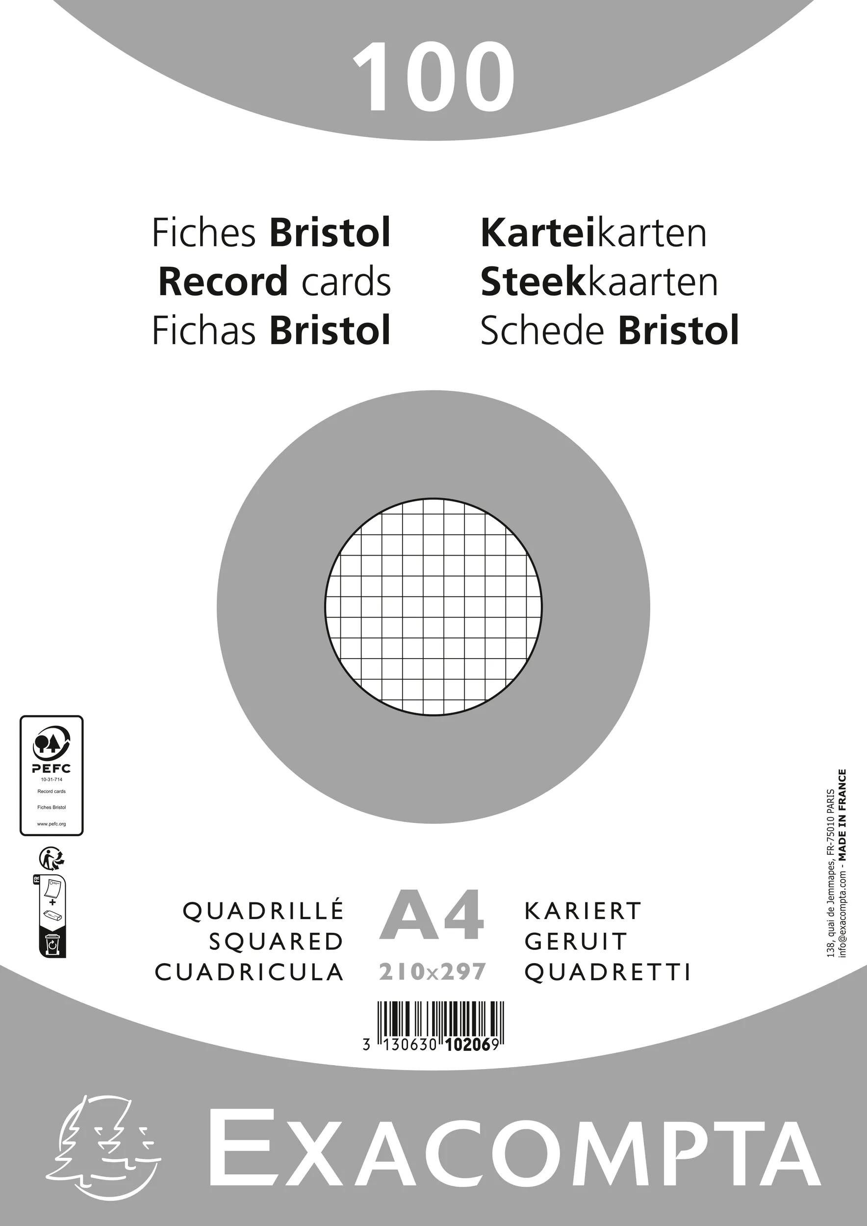 EXACOMPTA Karteikarten 10x Karteikarten A4 kariert, 100 Stück eingeschweißt - Weiß - 10206E, Karteikarten kariert