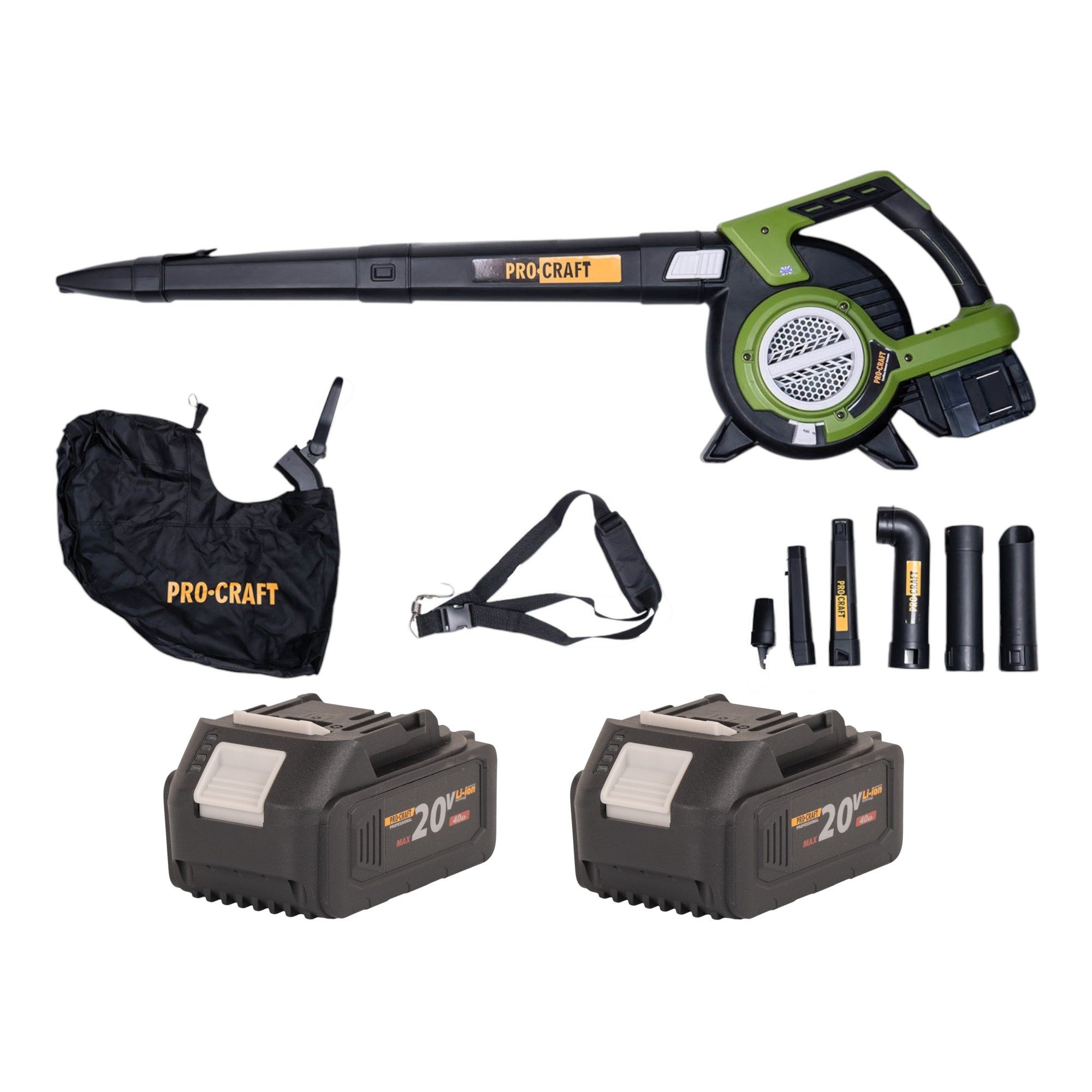 PRO CRAFT Akku-Laubbläser VB20 Akku Laubbläser und Laubsauger 40 V (2x 20 V) Brushless + 2x