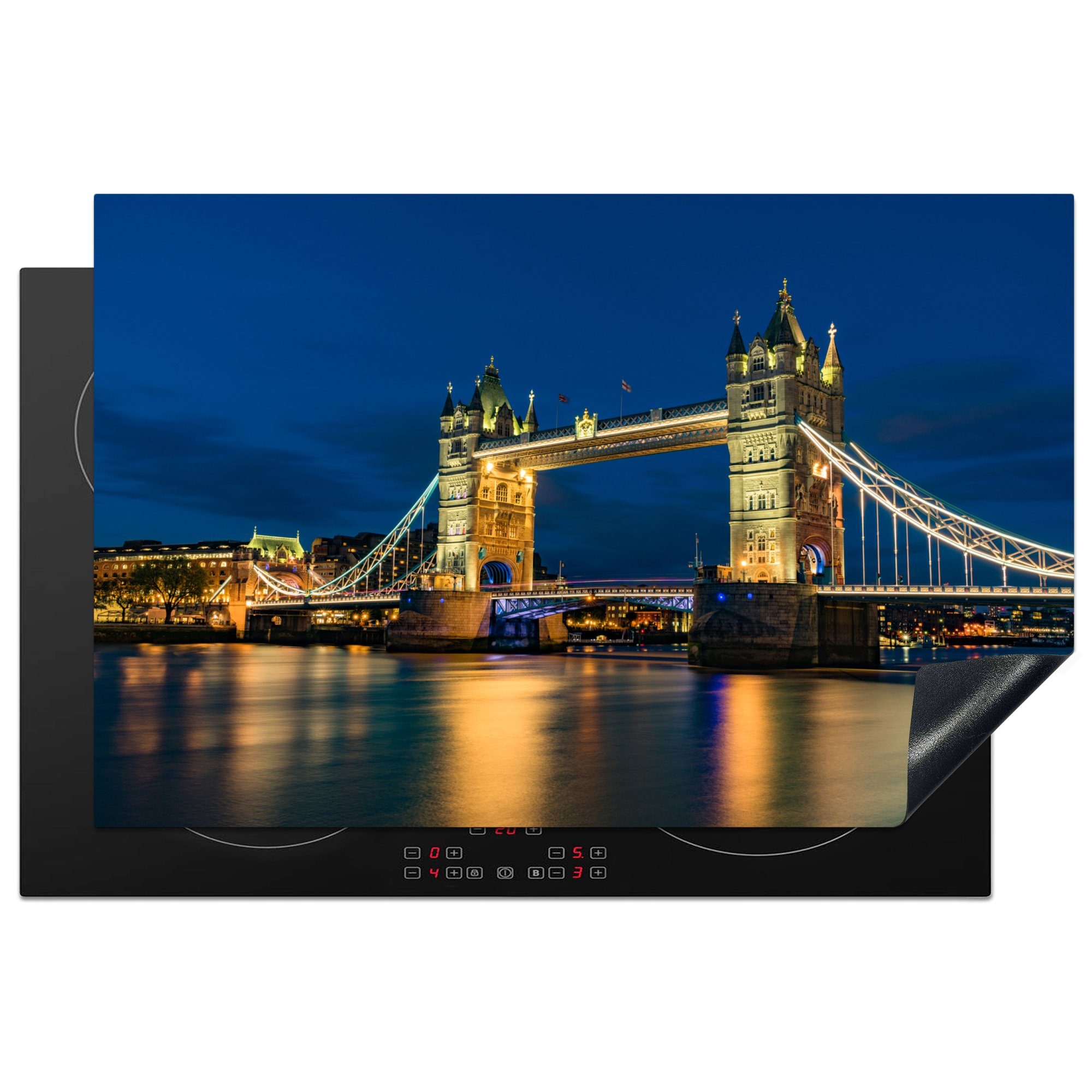 MuchoWow Herdblende-/Abdeckplatte Tower Bridge beleuchtet am Abend in England, Vinyl, (1 tlg), 81x52 cm, Induktionskochfeld Schutz für die küche, Ceranfeldabdeckung