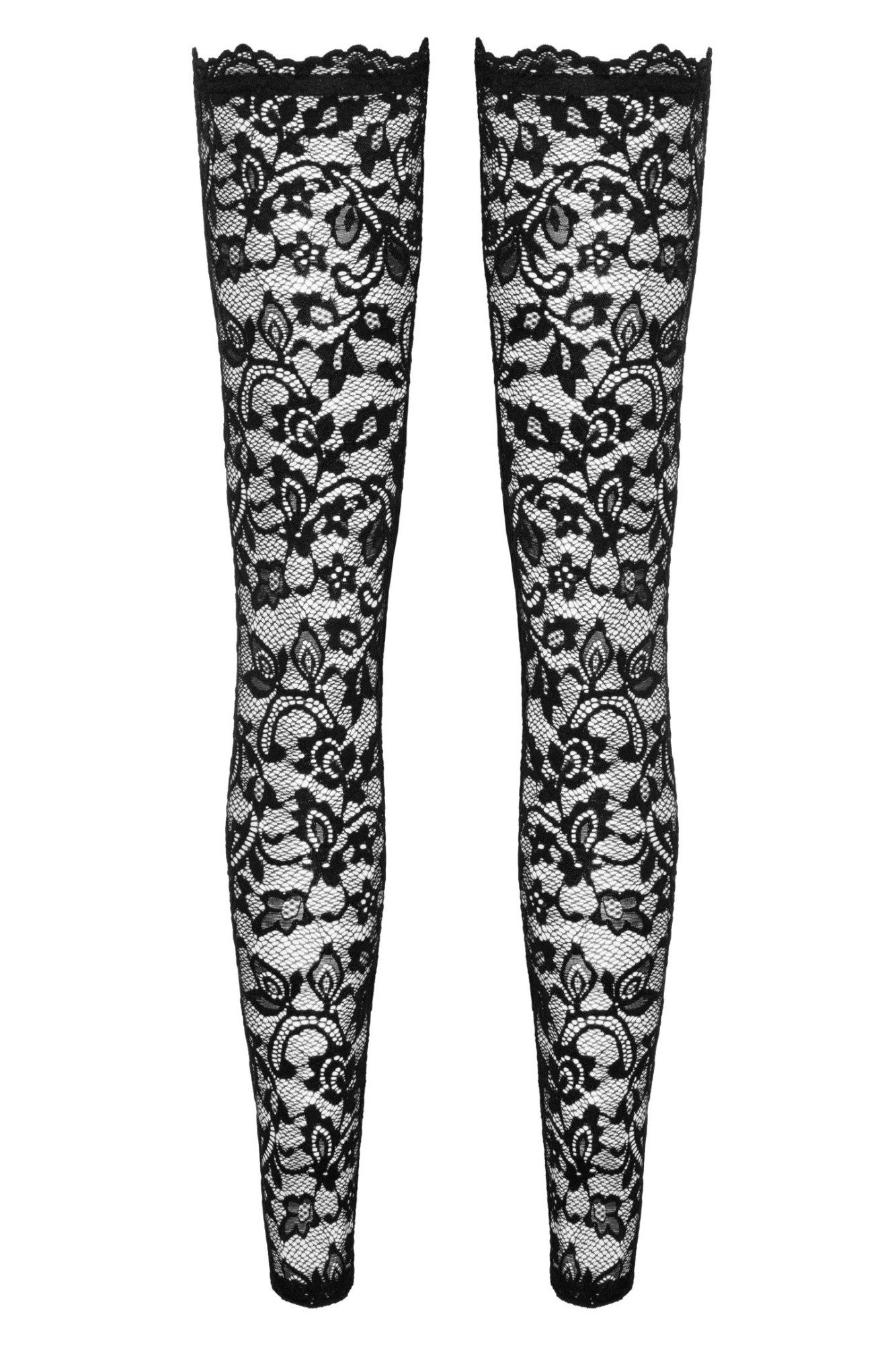 Noir Handmade Strümpfe Transparente Damen Dessous Stockings mit Blumenmuster selbsttragende S