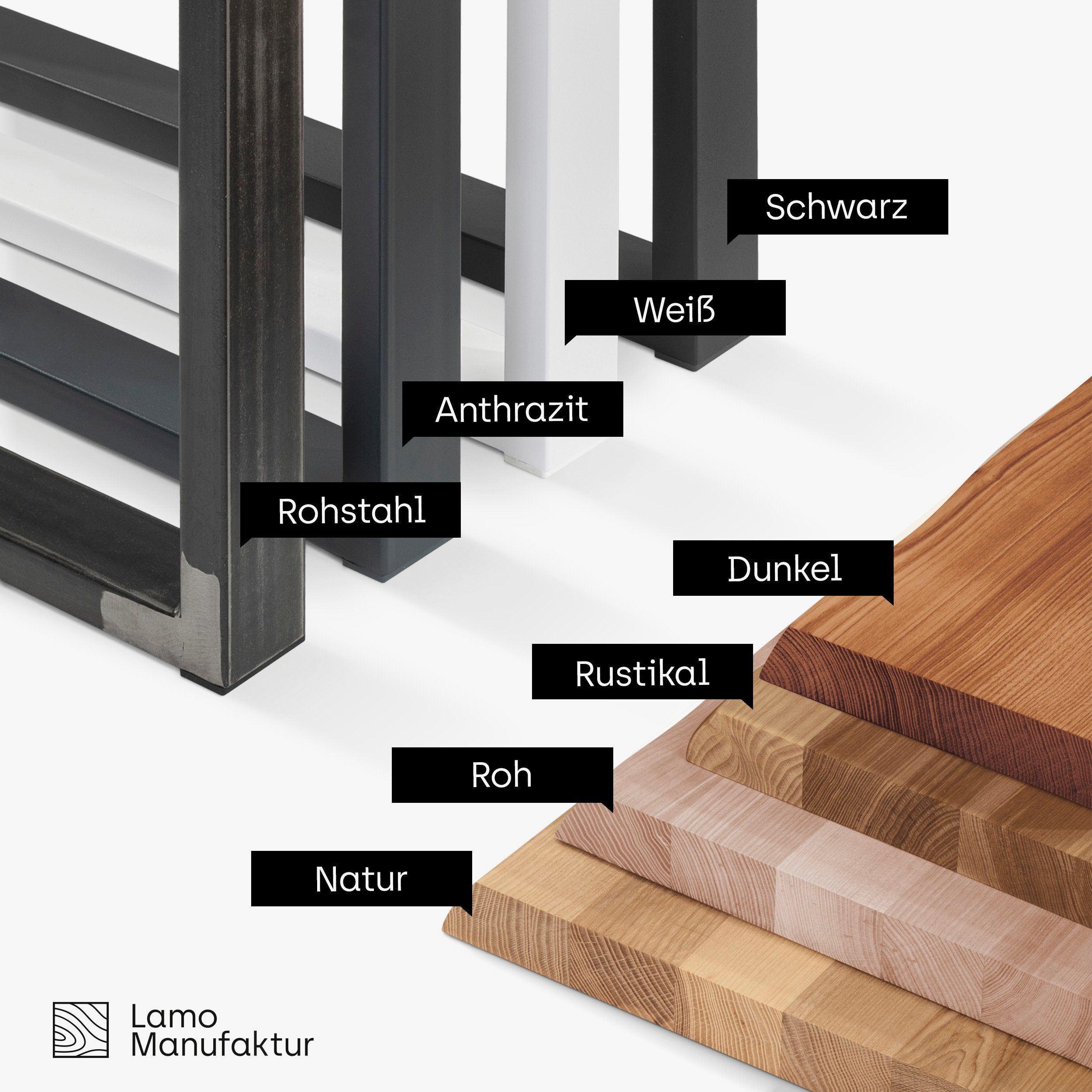 Tisch), Baumkante Klarlack inkl. (1 Baumkantentisch Metallgestell Manufaktur | massiv Esstisch Massivholz mit Loft LAMO Rohstahl Dunkel