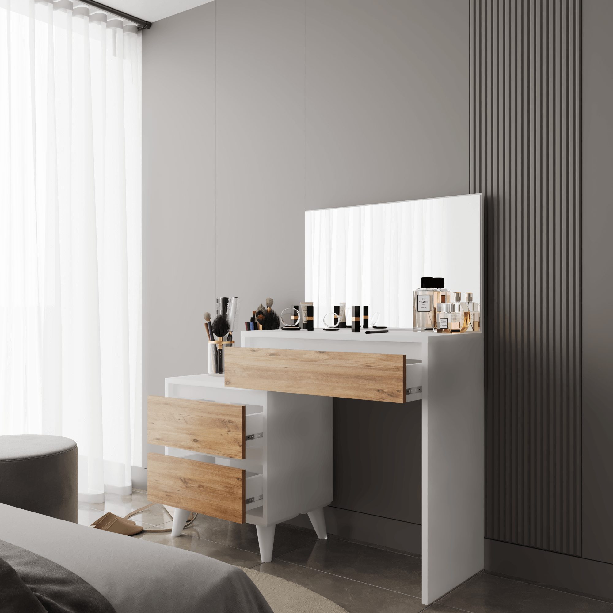 BDR Smart Home Art Schminkschrank Venus Schminktisch Spiegel-Schubladen Pine & Weiß Zeitlos Elegant