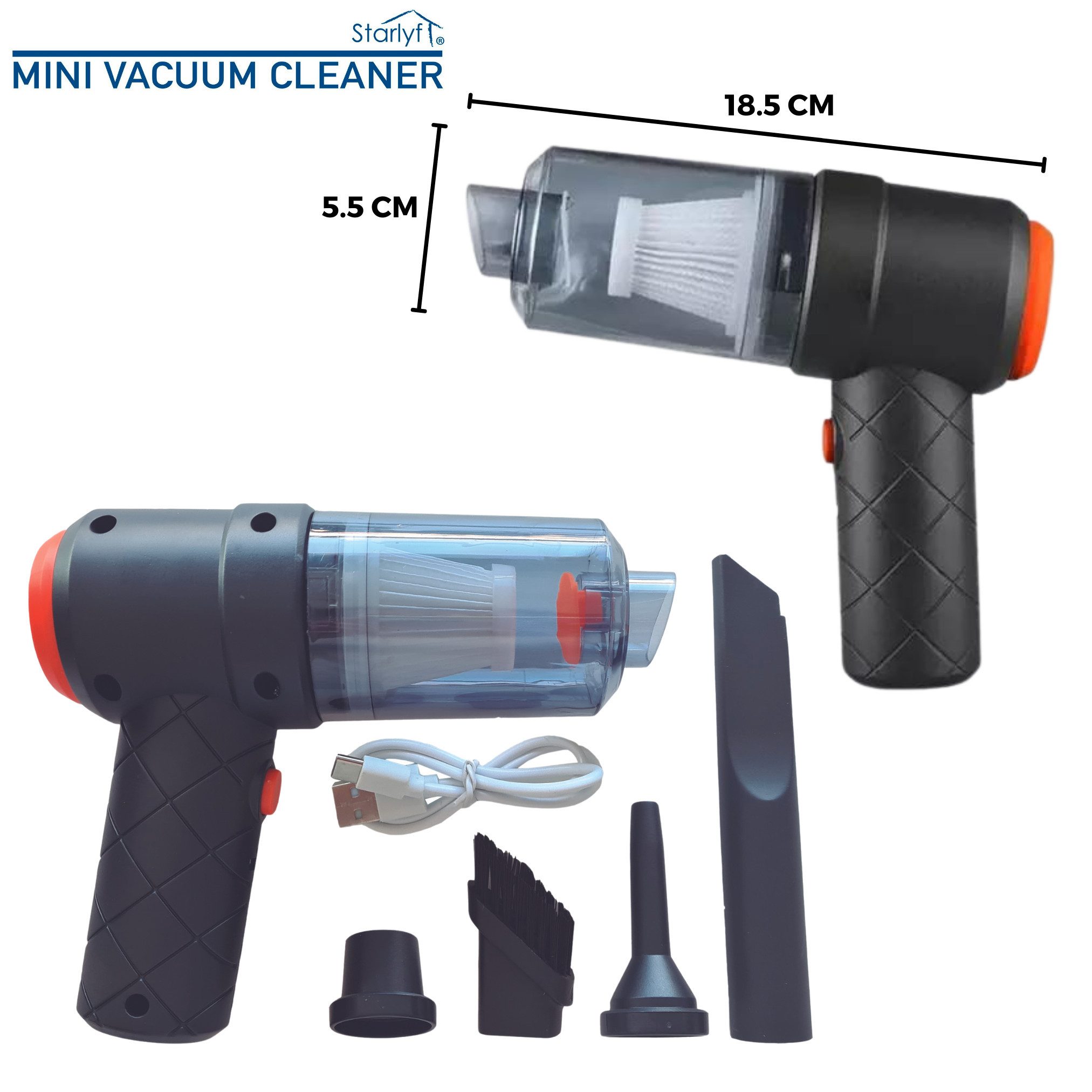 Starlyf Akku-Handstaubsauger Mini Vacuum Cleaner, 45,00 W, beutellos, 2in1 Staubsauger mit Gebläse ideal für Auto & Computer, 1200 mAh