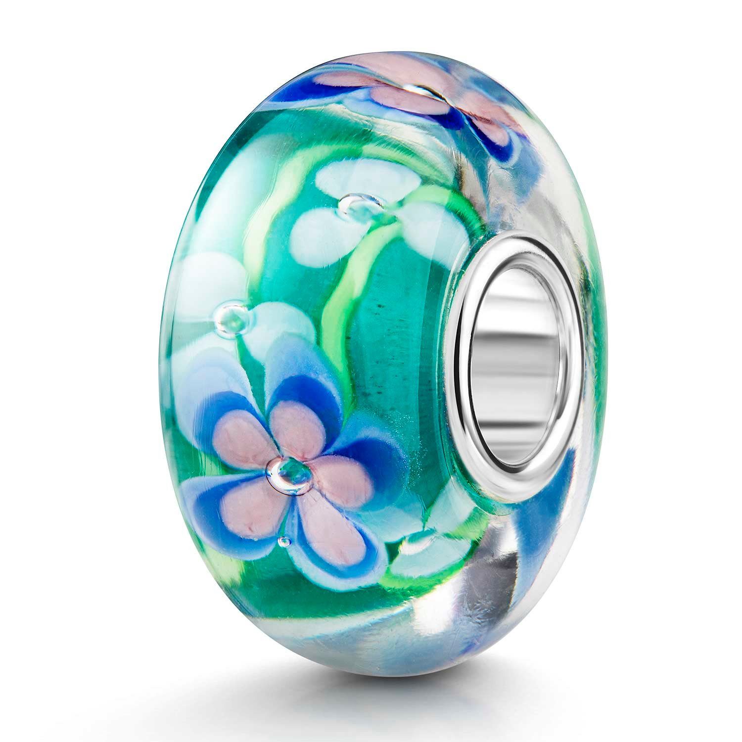 Materia Bead Glasperle Charm Blumen Blüten Blau Grün 1485, Hülse aus 925 Sterling Silber