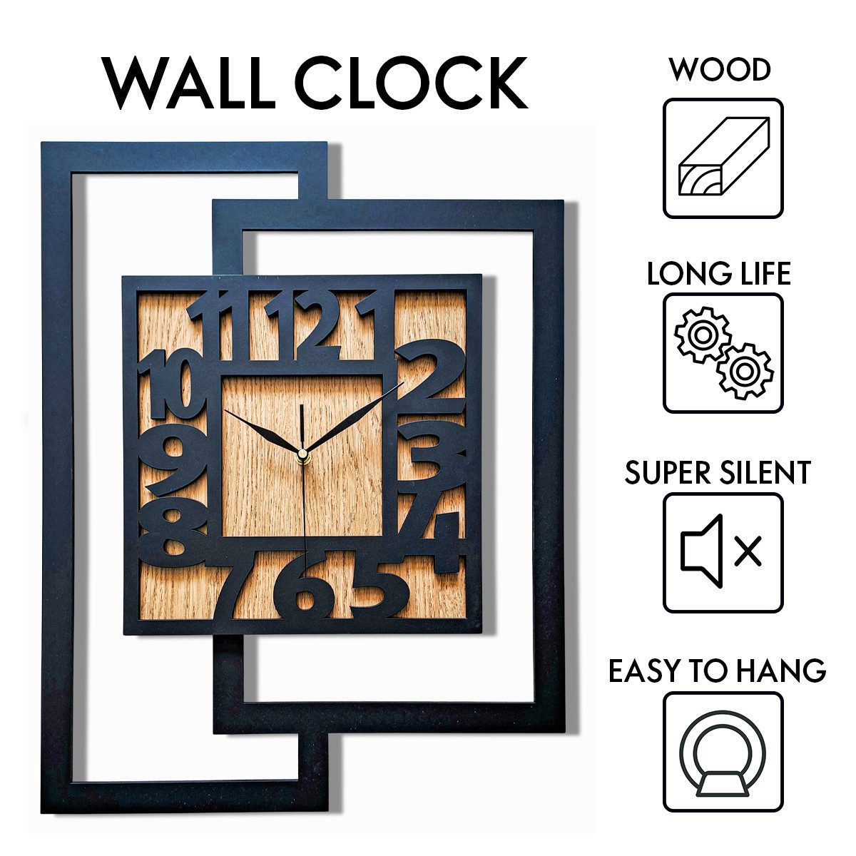 ORNAMENTI Wanduhr Moderne handgefertigte, moderne aus Holz, Hingucker 44 x 56 cm Eiche (Rechteckig vertikal, ohne Tickgeräusche für Wohnzimmer,lesbare Ziffern)