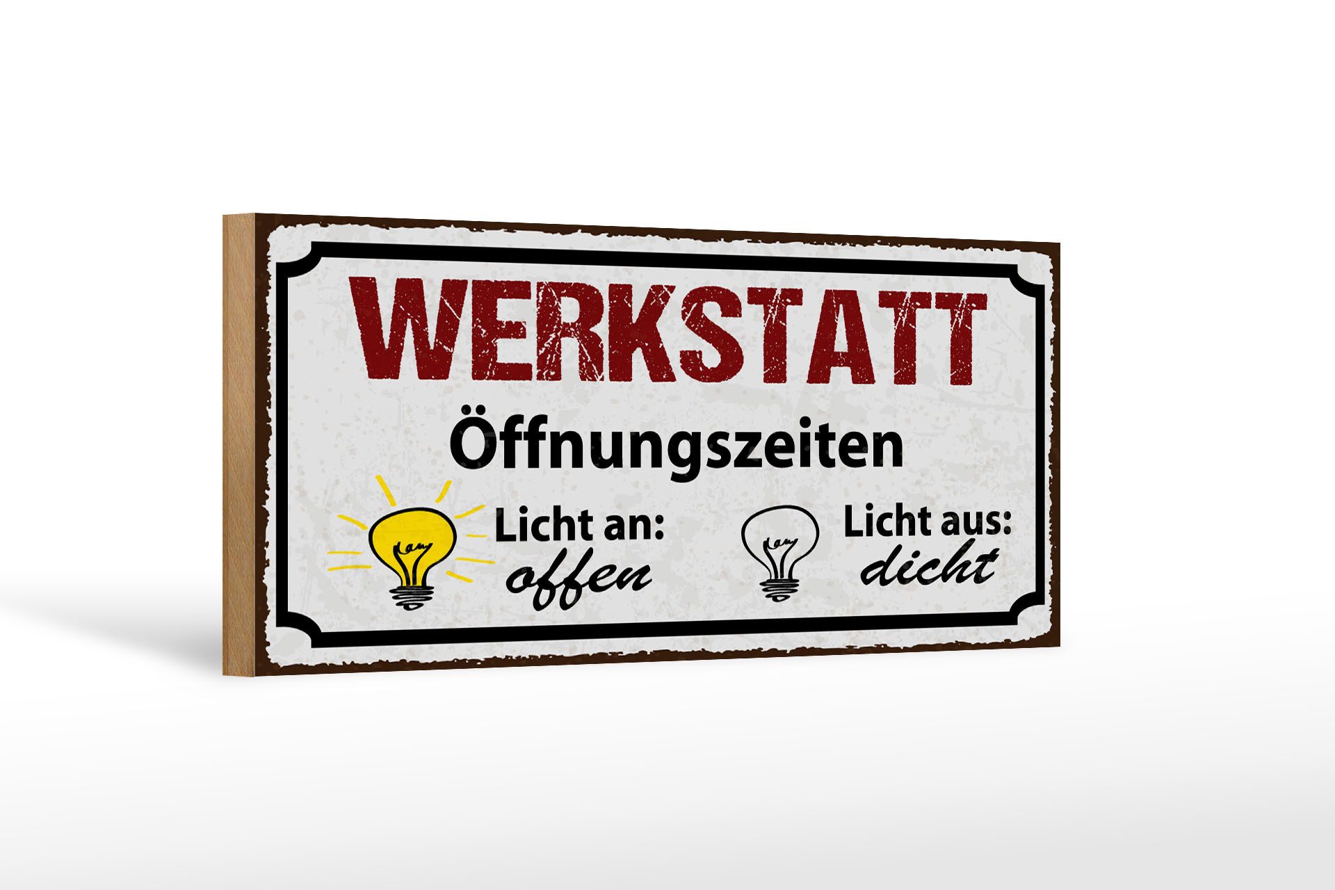 Femer GmbH Holzbild Spruch 27x10 cm Werkstatt Öffnungszeiten, (1 St), Glatte Holzfaserplatte (MDF), vorn beschichtet
