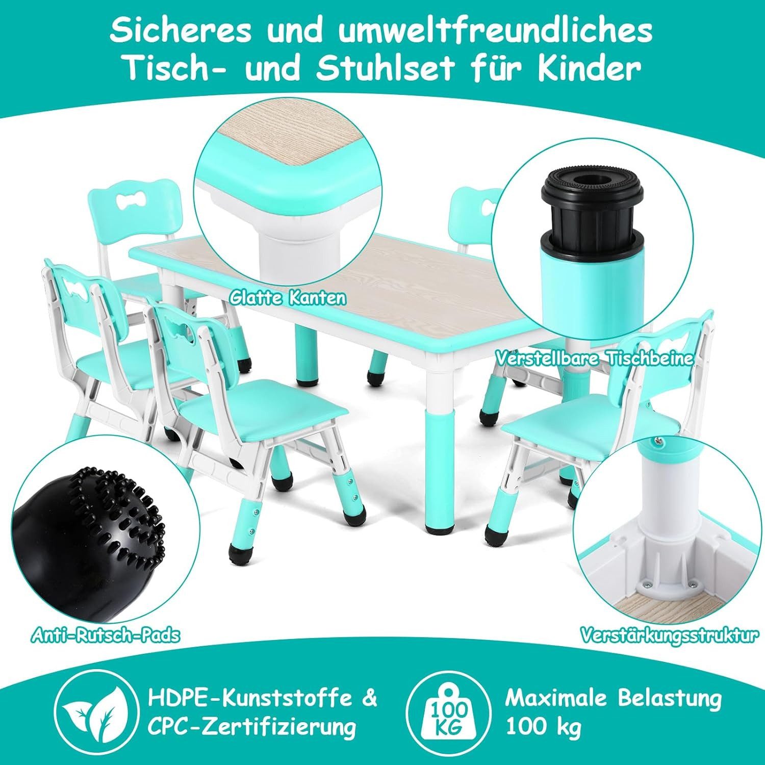 TLGREEN Kindertisch mit 6 Stühlen, Kindertischgruppe Höhenverstellbar, Kinder Tisch Stuhl Set
