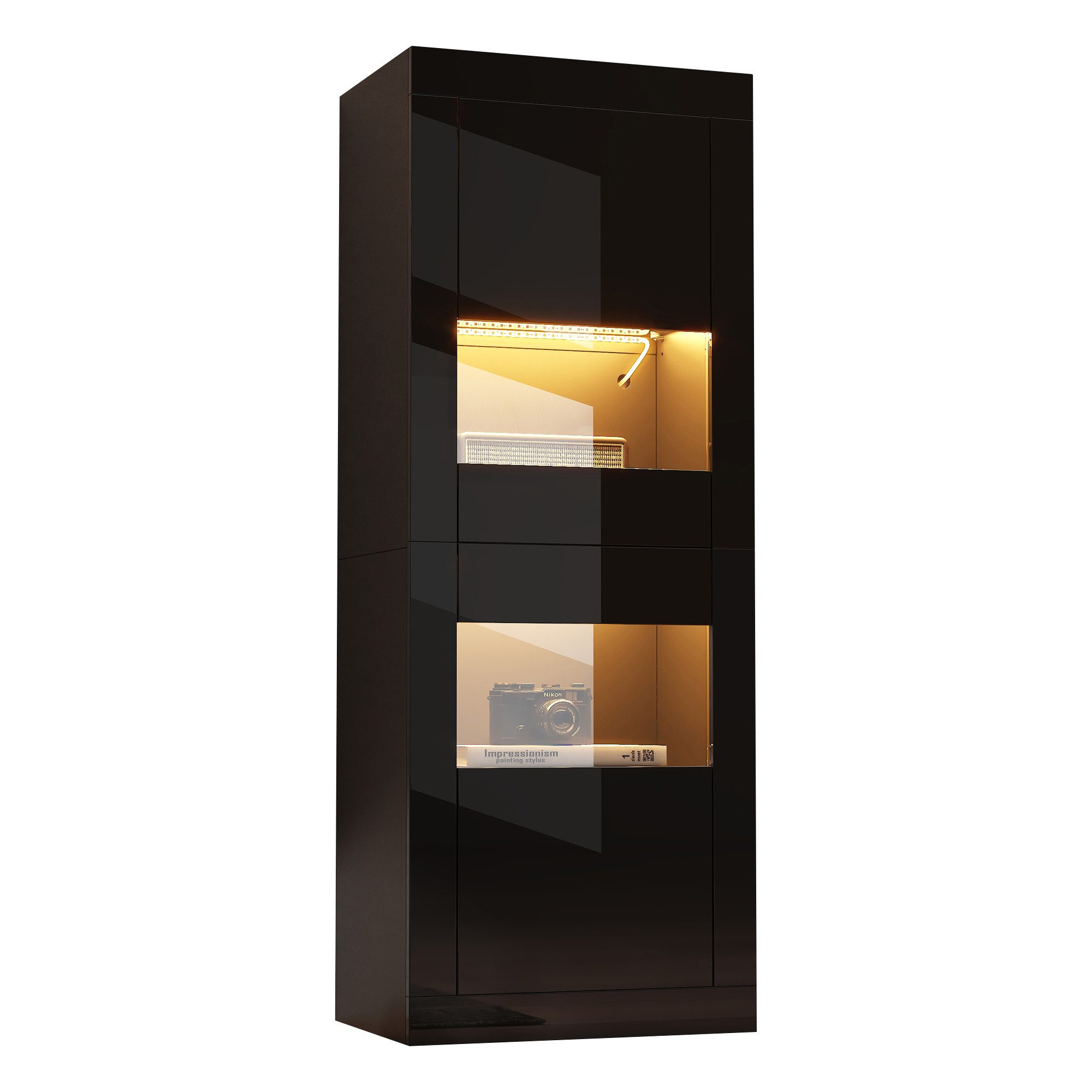 REDOM Vitrine Regal 61x42x162 cm in Hochglanz Schwarz mit LED-Beleuchtung (Packung, 1-St., Präsentiert auf 4 Fächern mit Glasboden) Elegante Vitrine mit LED-Beleuchtung