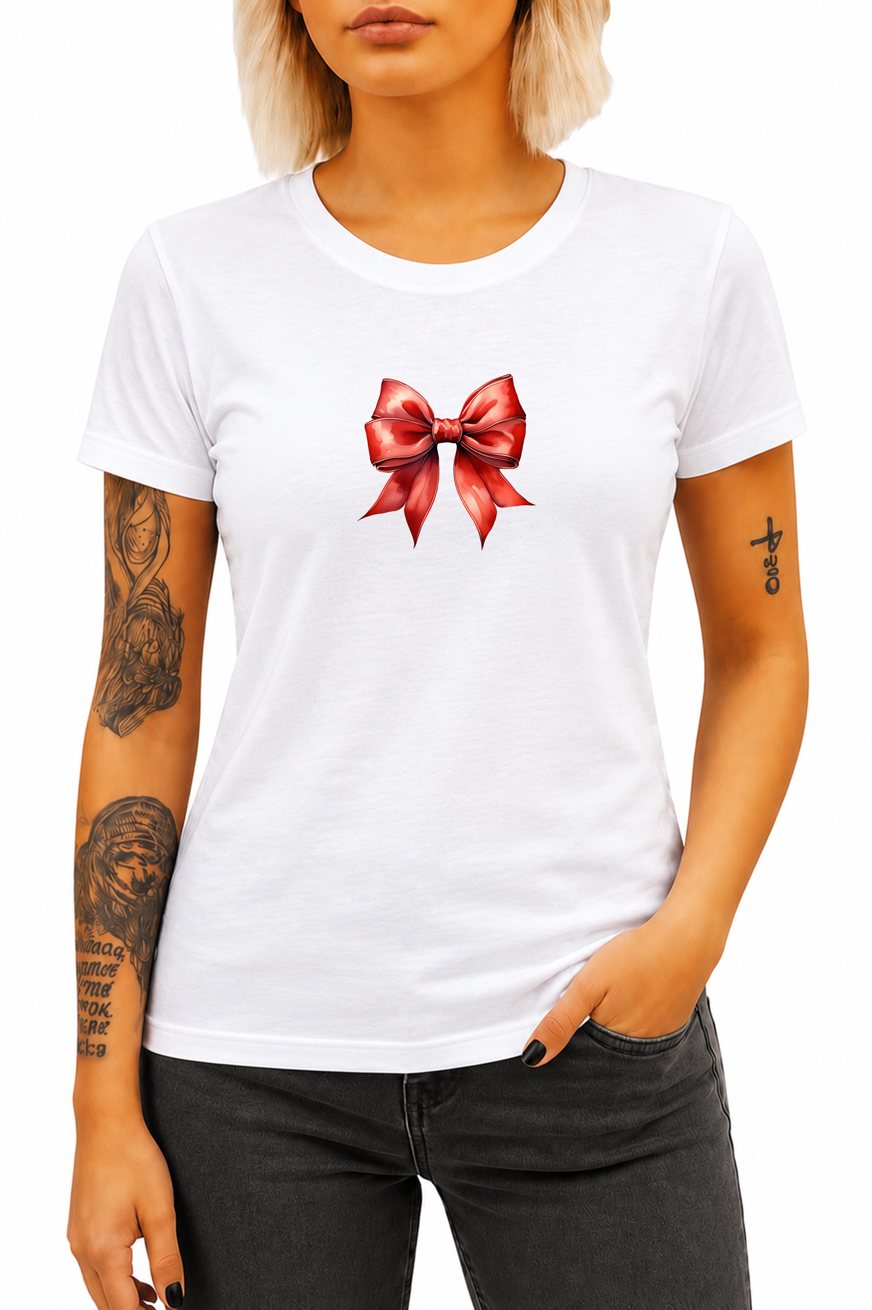 Banco T-Shirt Damen Rote Schleife Printshirt Rundhals Kurzarm 100% Baumwolle