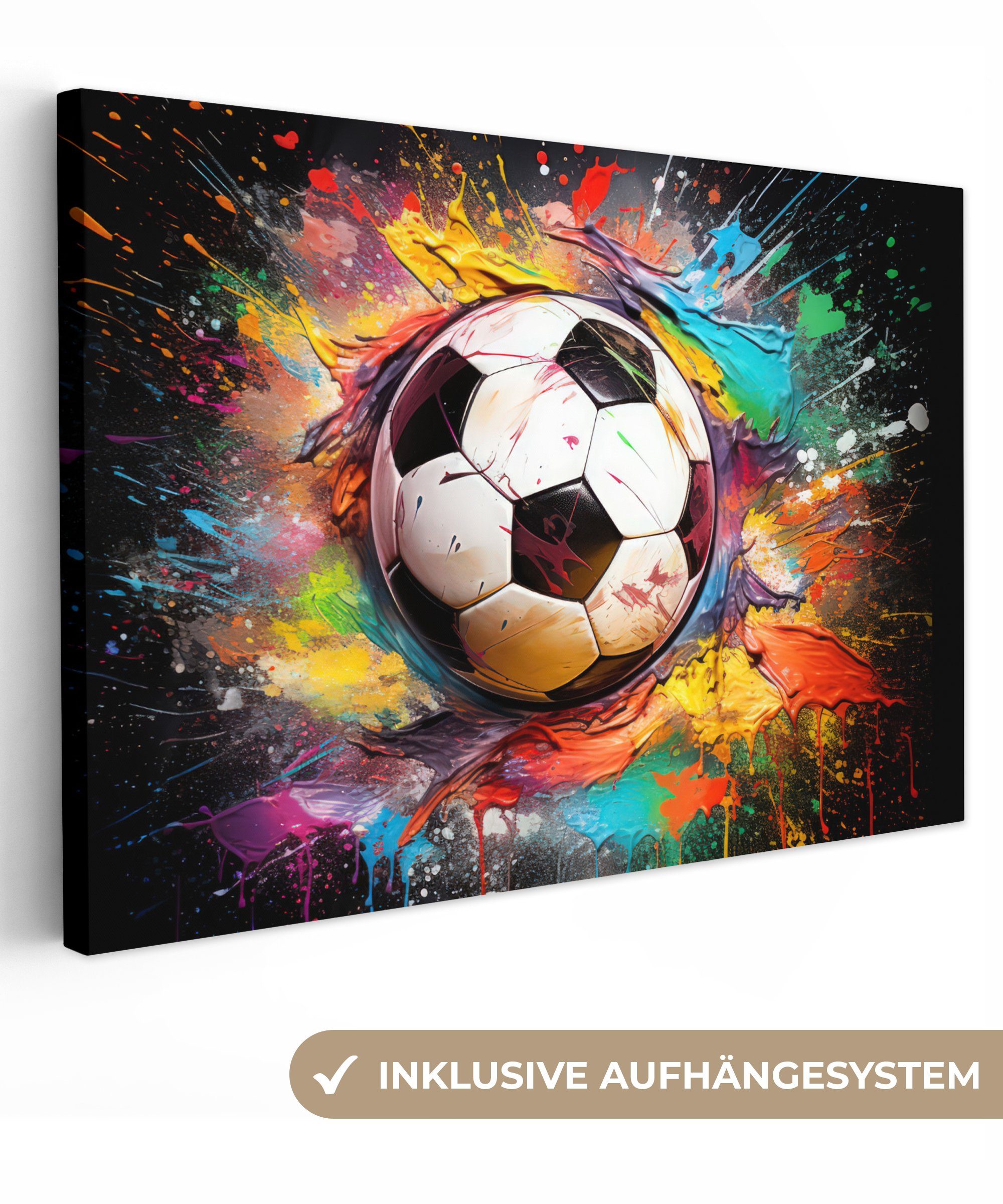 OneMillionCanvasses® Leinwandbild Fußball - Farbe - Farben - Schwarz - Weiß, (1 St), Wandbild für alle Wohnbereiche, Gemälde, XXL, großes, 120x80 cm