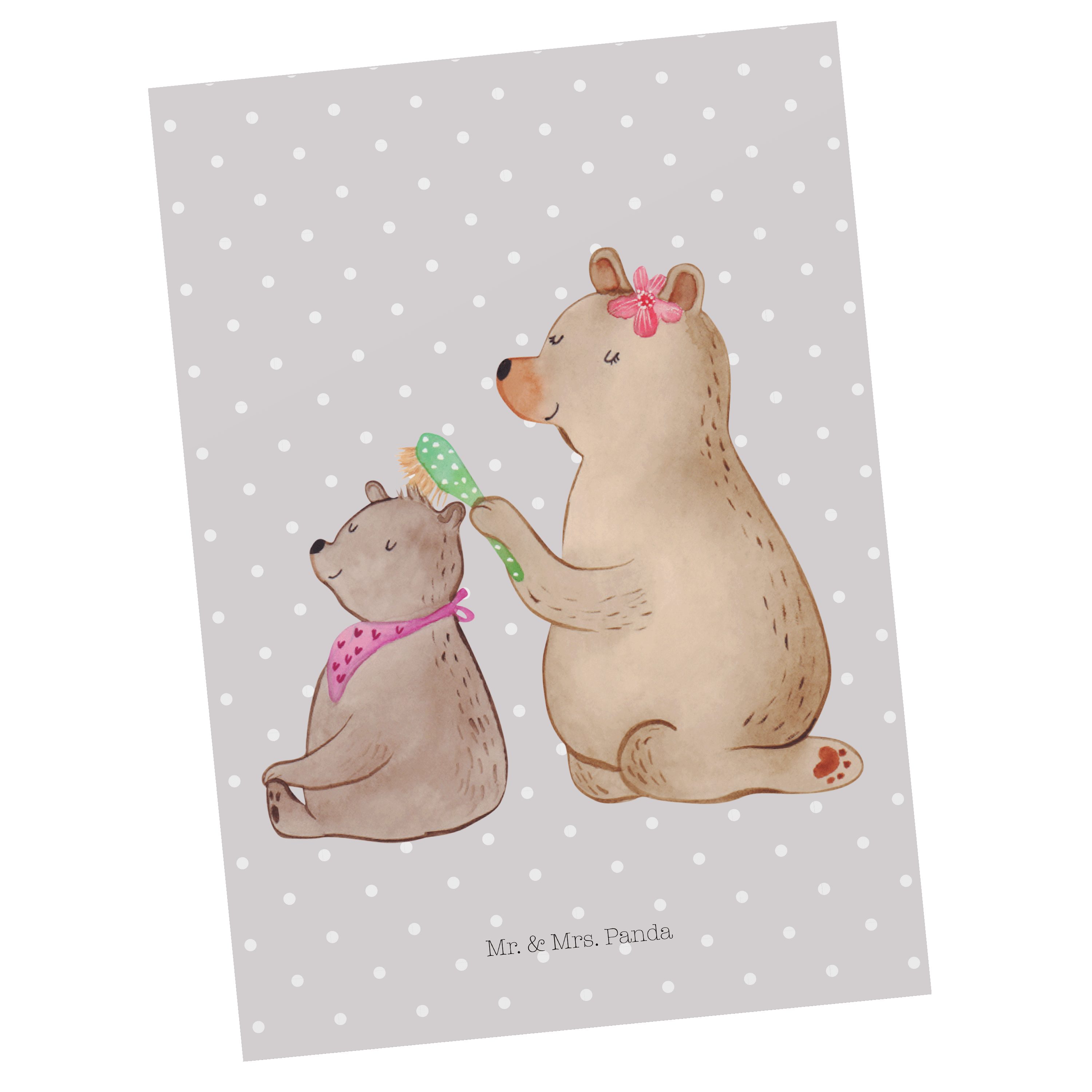 Mr. & Mrs. Panda Postkarte Bär mit Kind - Grau Pastell - Geschenk, Ansichtskarte, Mutti, beste M