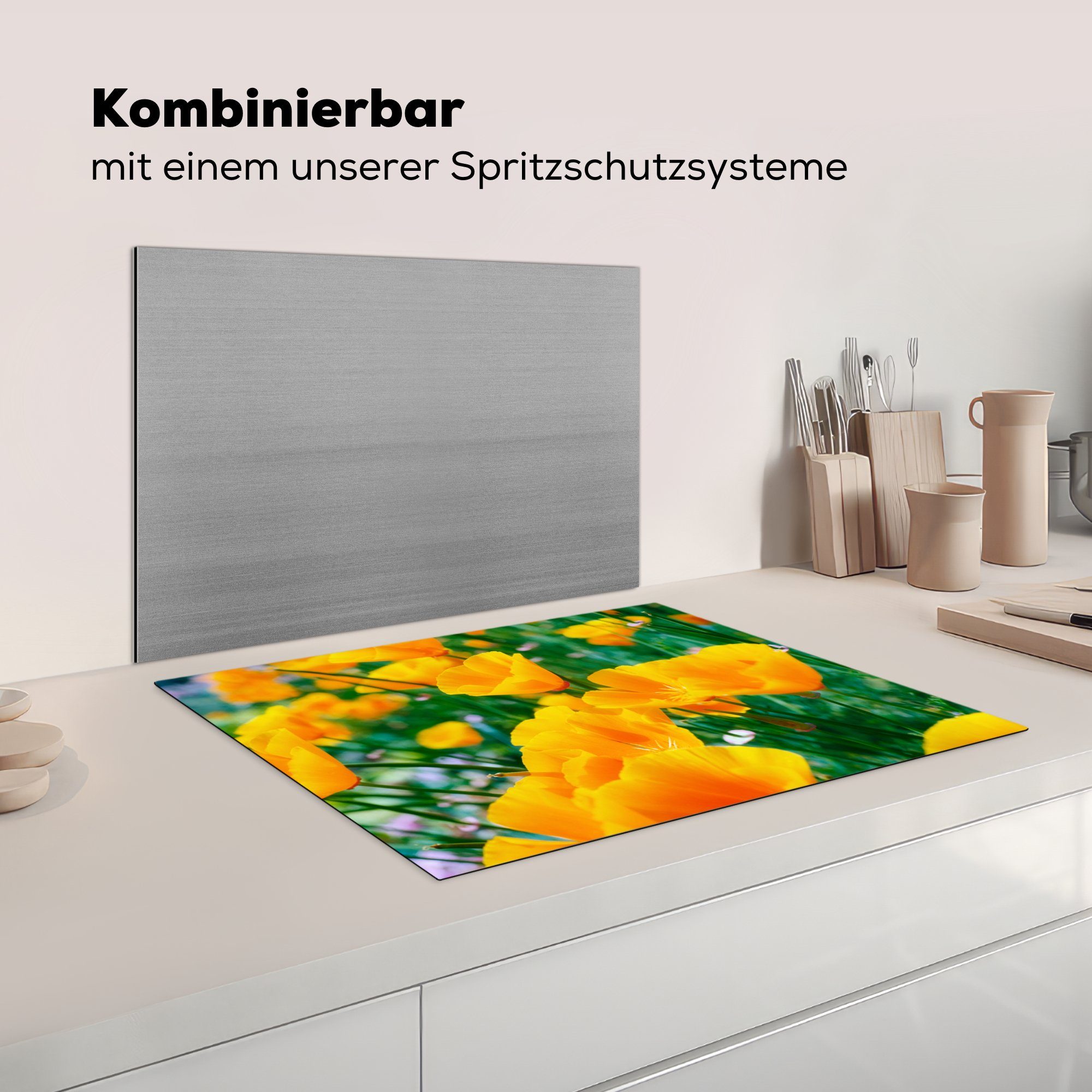 - (1 Herdblende-/Abdeckplatte Garten für Vinyl, 71x52 Ceranfeldabdeckung cm, küche, die MuchoWow - Induktionskochfeld Schutz tlg), Blumen Orange,