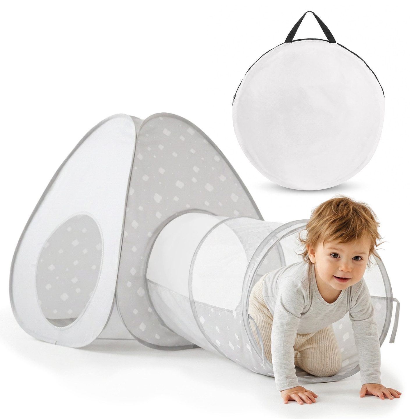 Mamabrum Spieltunnel Mamabrum Spielzelt mit Tunnel Pop-Up Kinderzelt Grau Weiß
