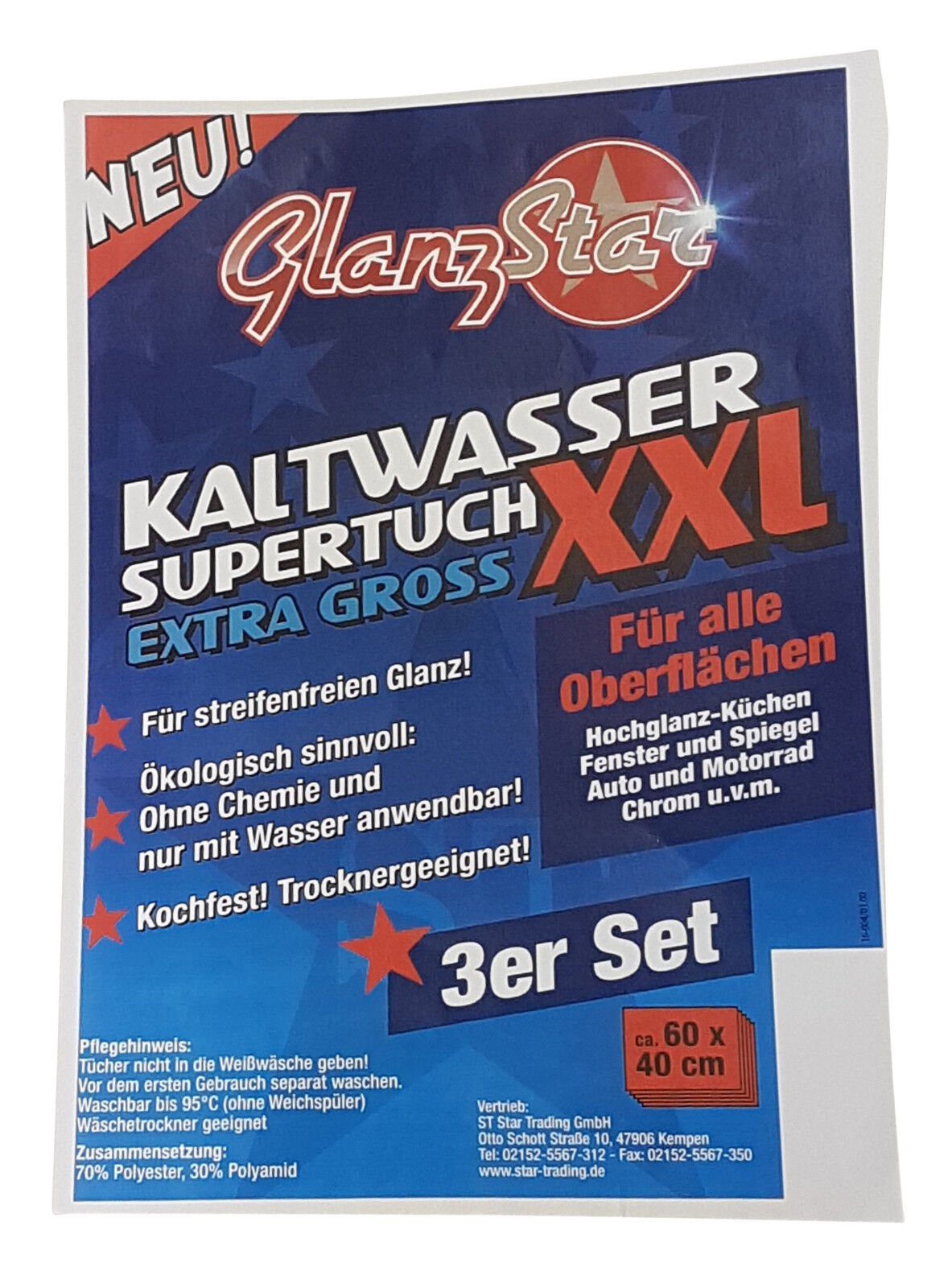 Glanzstar Kaltwasser Supertuch XXL 3er Set Mikrofasertuch (70% Polyester 30% Polyamid) | Mikrofasertücher