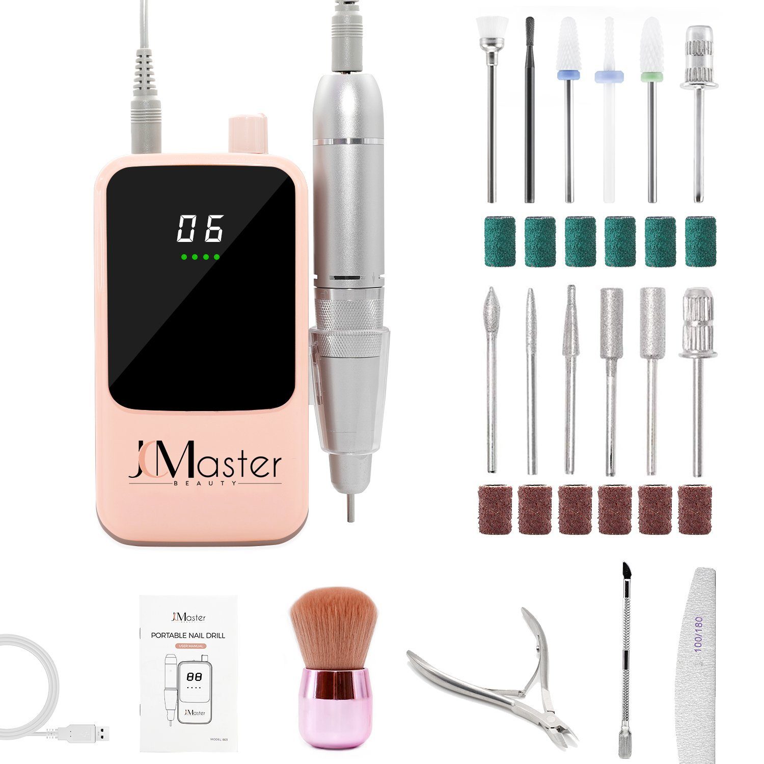 JCMaster Maniküre-Pediküre-Set, Nagelfräser 35000RPM, 5200mAh, 12 Nagelfeile-Bits und Schleifbänder