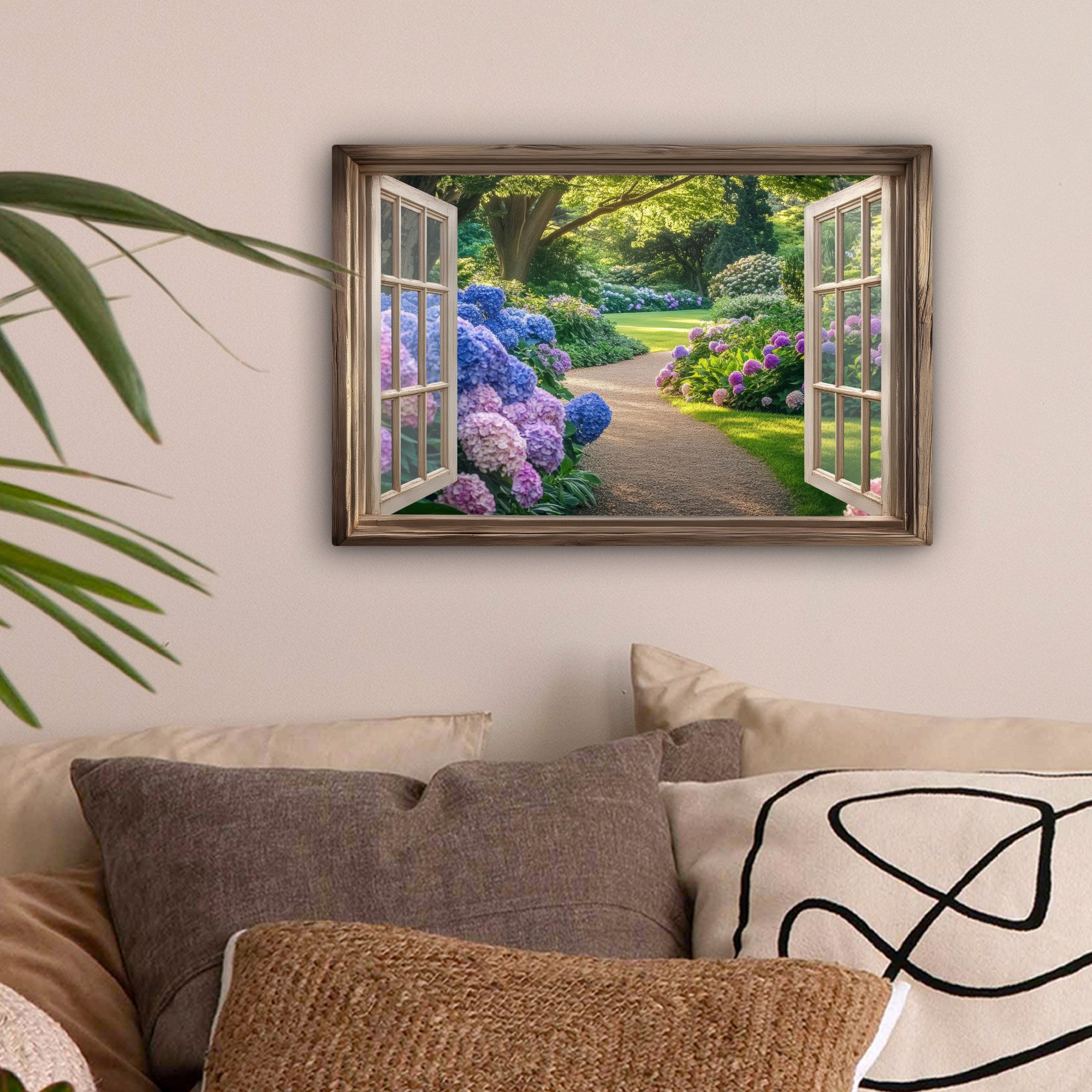OneMillionCanvasses® Leinwandbild Aussicht - Garten - Fenster - Hortensie - günstig online kaufen