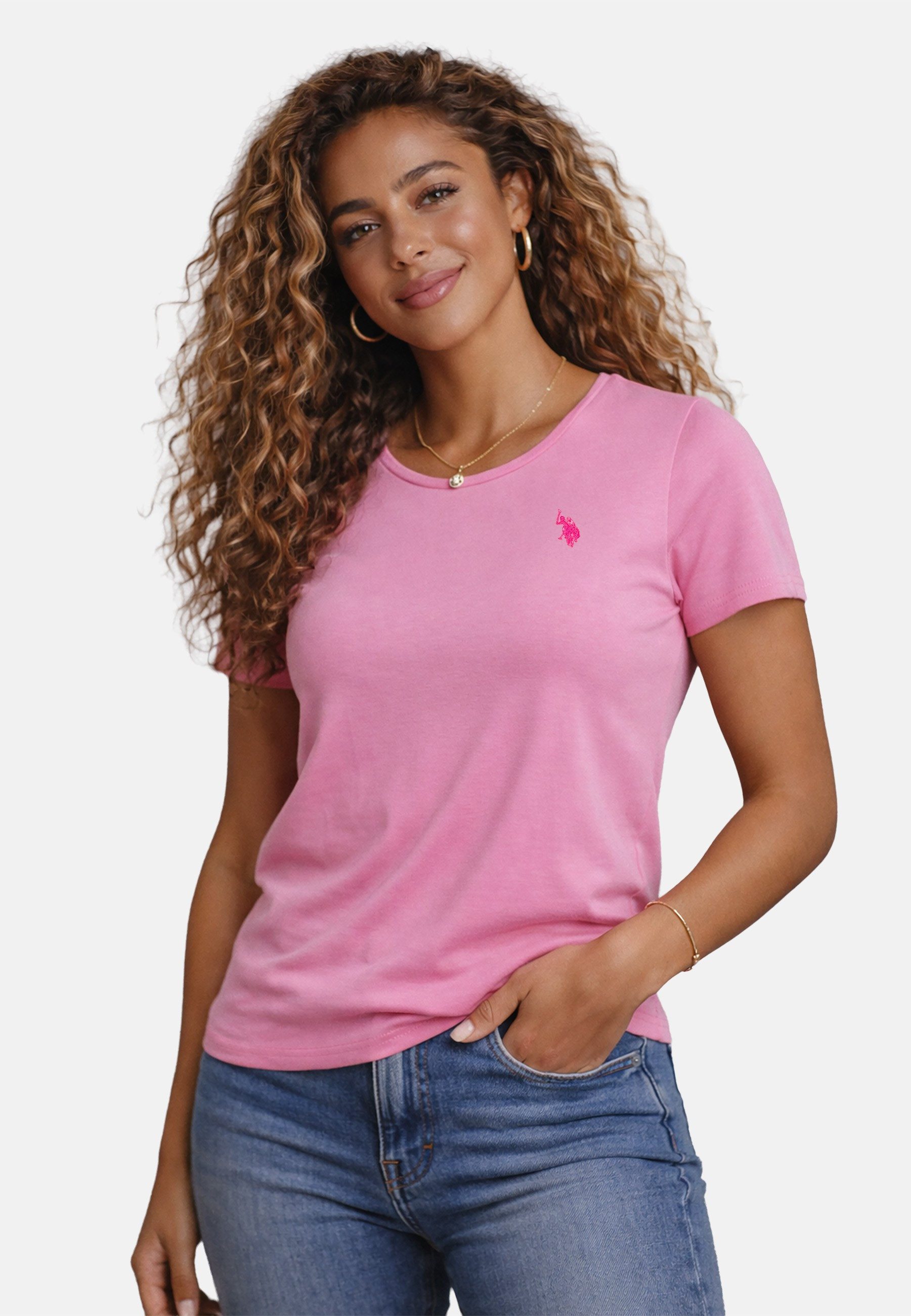 U.S. Polo Assn. T-Shirt USSareena – Damen Shirt mit Stretch-Anteil und Logo Leicht tailliert, klassischer Rundhals, dezente Logo-Stickerei