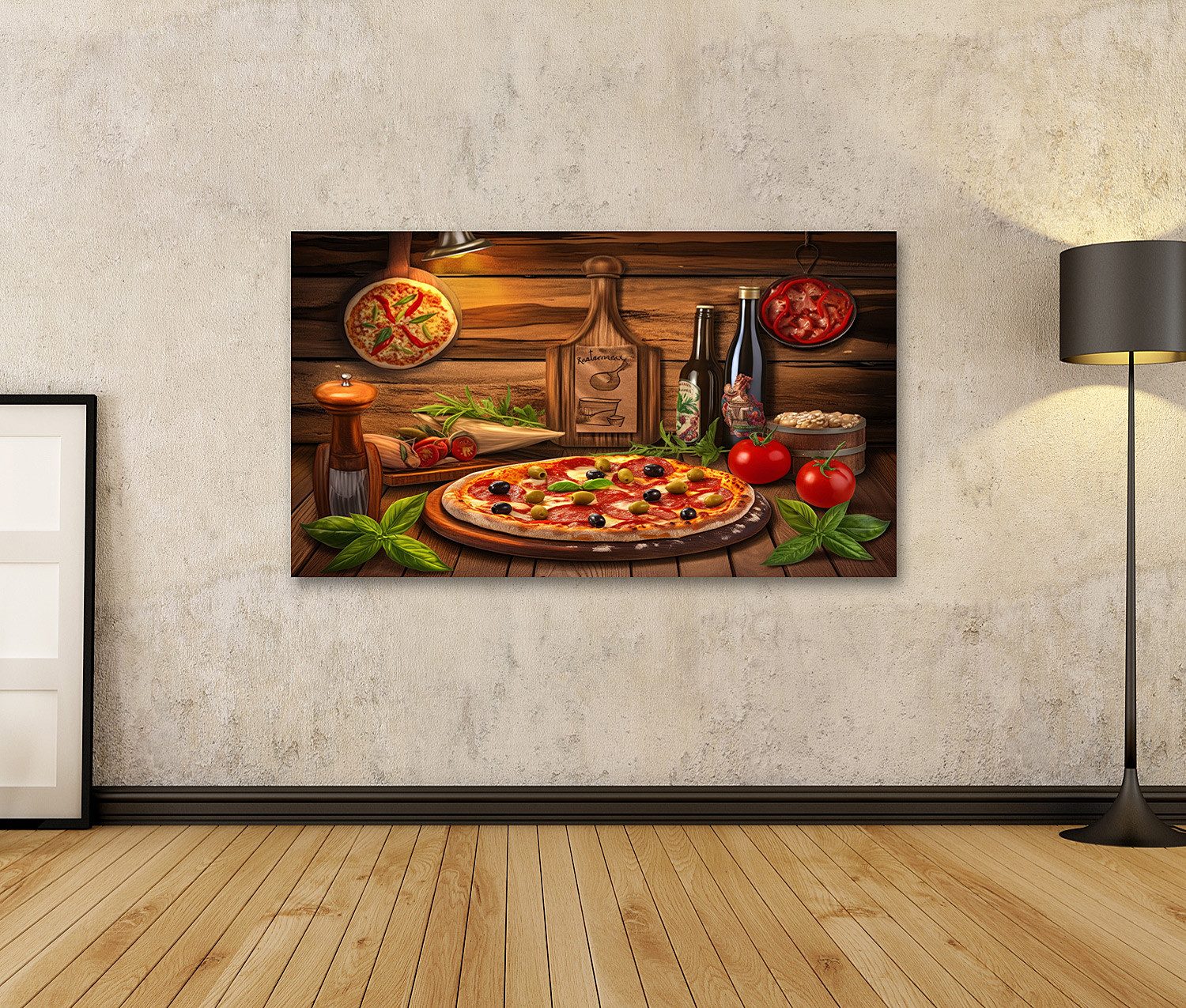 islandburner Leinwandbild, Italienische Küche mit Pizza und Zutaten