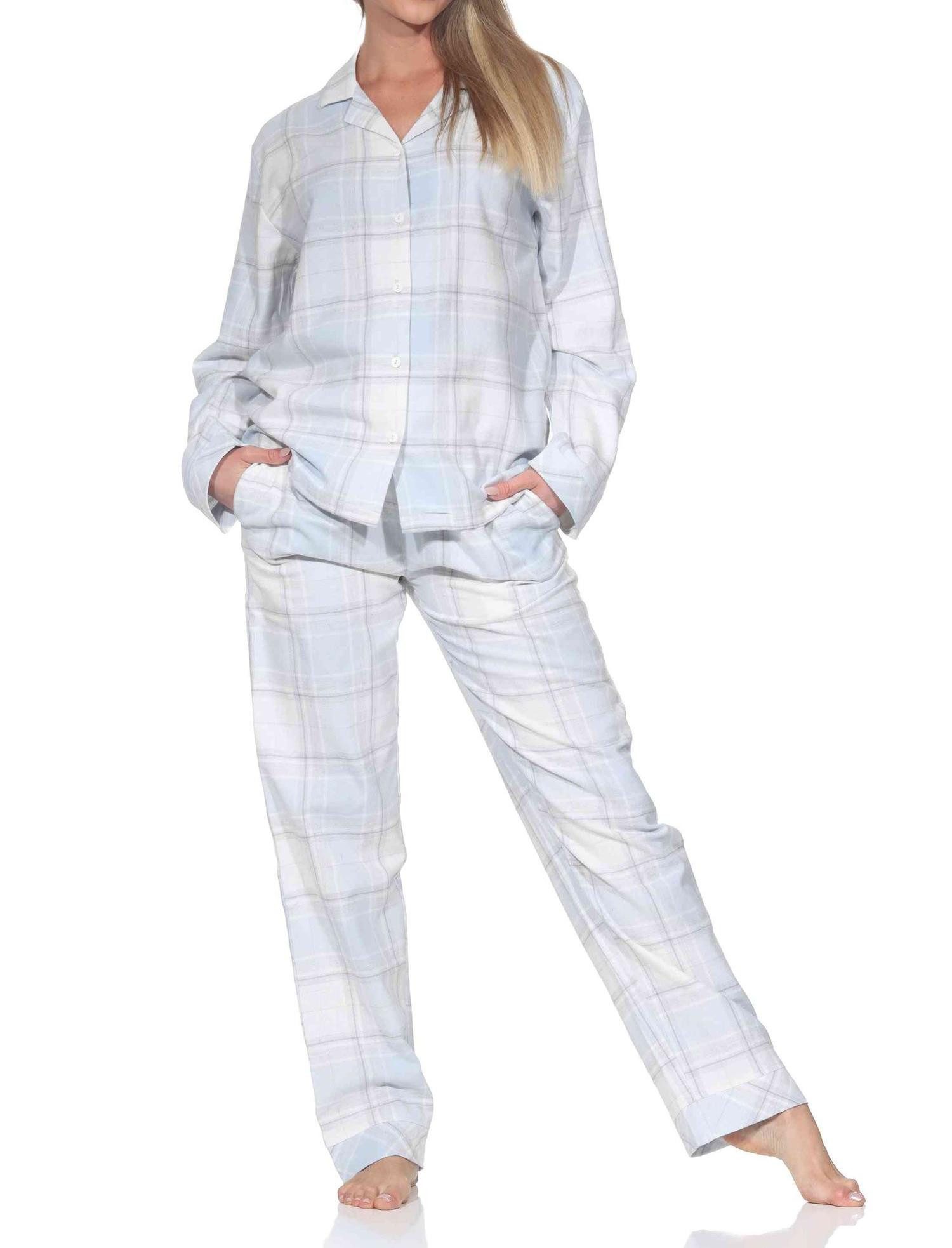 Normann Pyjama Normann Damen Flanell Schlafanzug lang mit Knopfleiste und Hemdkragen