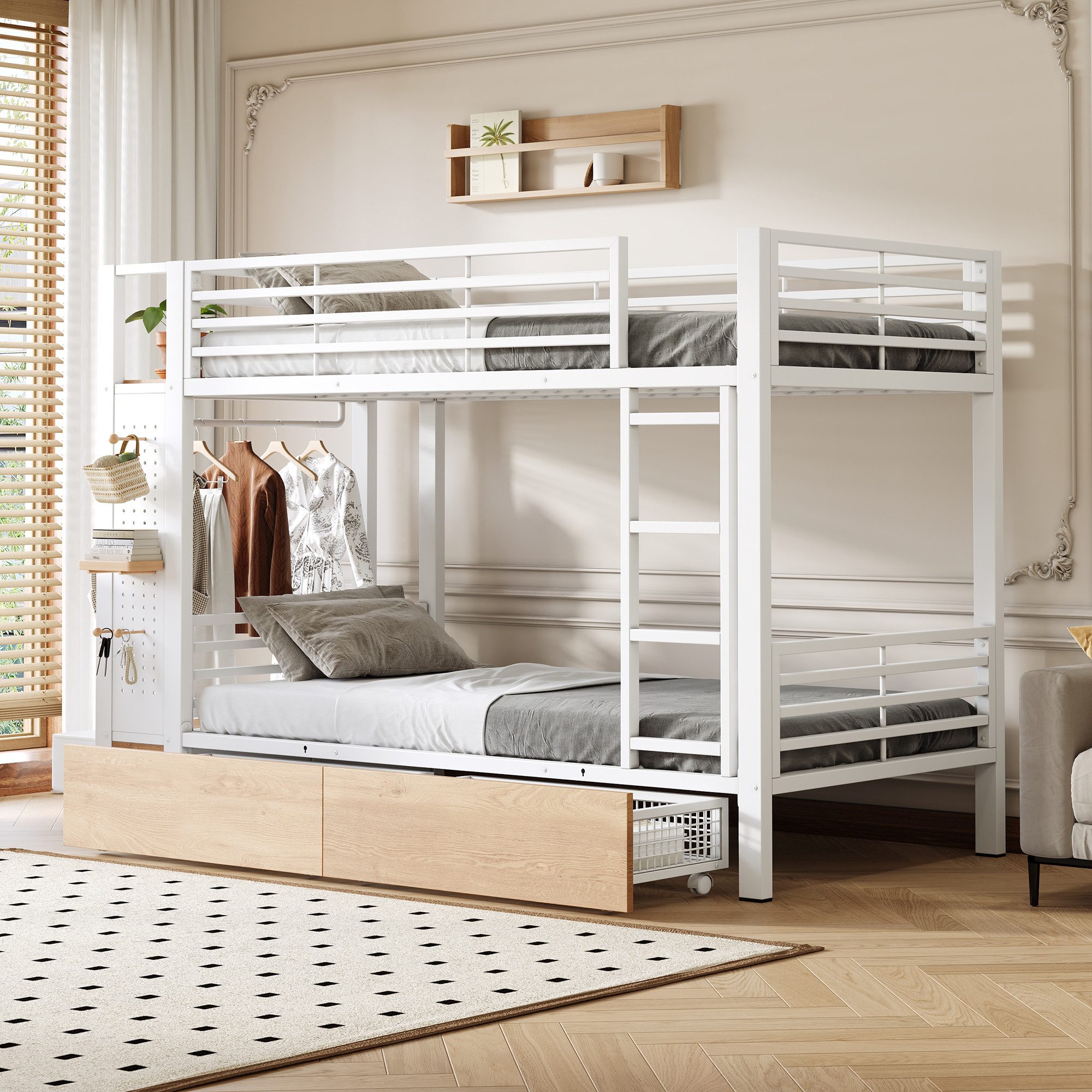 Celya Hochbett Etagenbett, mit LED-Lichtleiste und 2 Schubladen (ohne Matratze, mit einem separaten seitlichen Kleiderhakenbereich) ideal für Kinderzimmer, Jugendzimmer, Gästezimmer oder Wohnheimmer