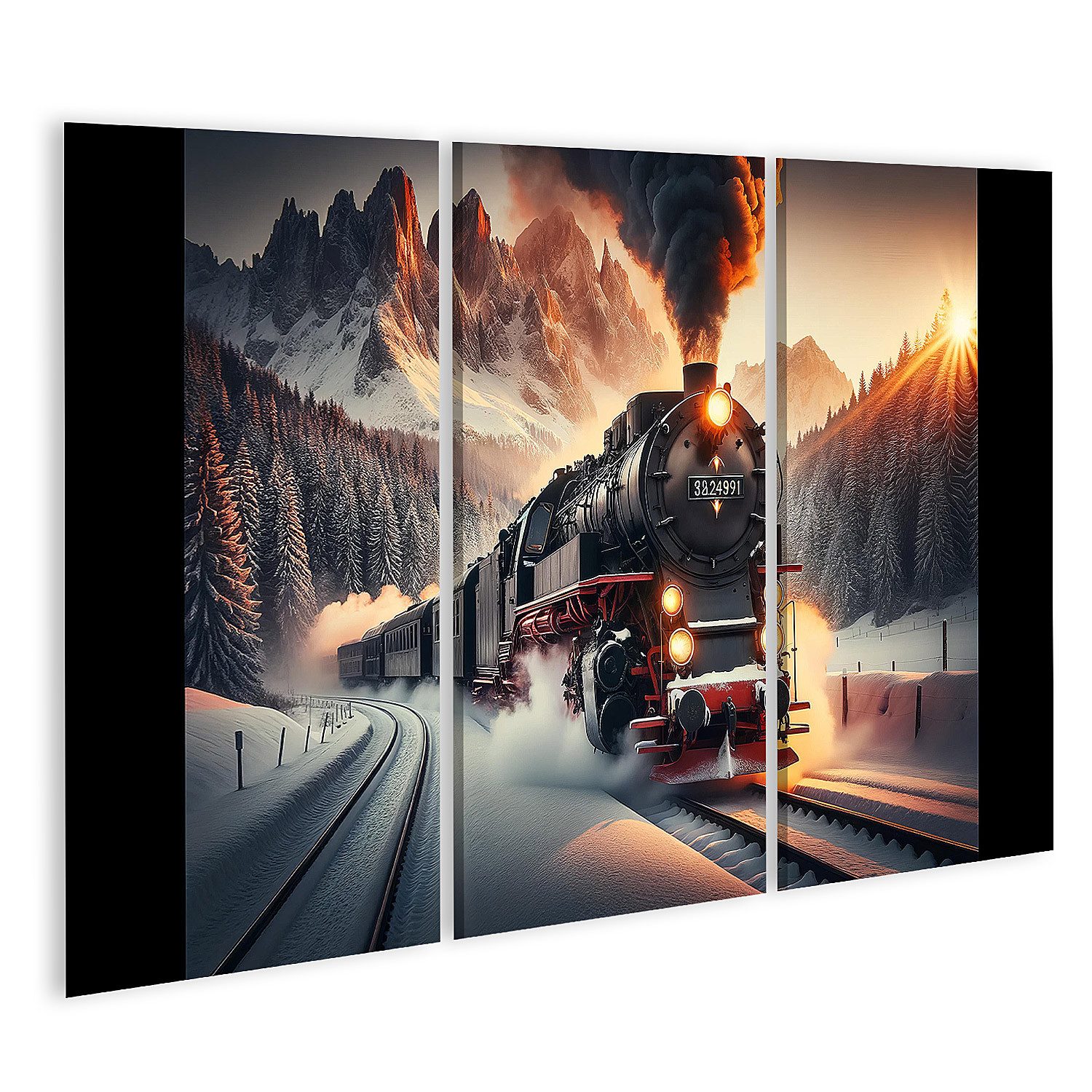 Leinwandbild Durch Winterwunderland Dampflok im Abendrot für Eisenbahn Fans