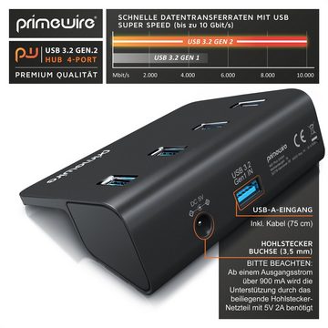 Primewire USB-Adapter, USB 3.2 Gen2 Hub, 4 Port Aktiver Verteiler mit Netzteil, 10 Gbit/s