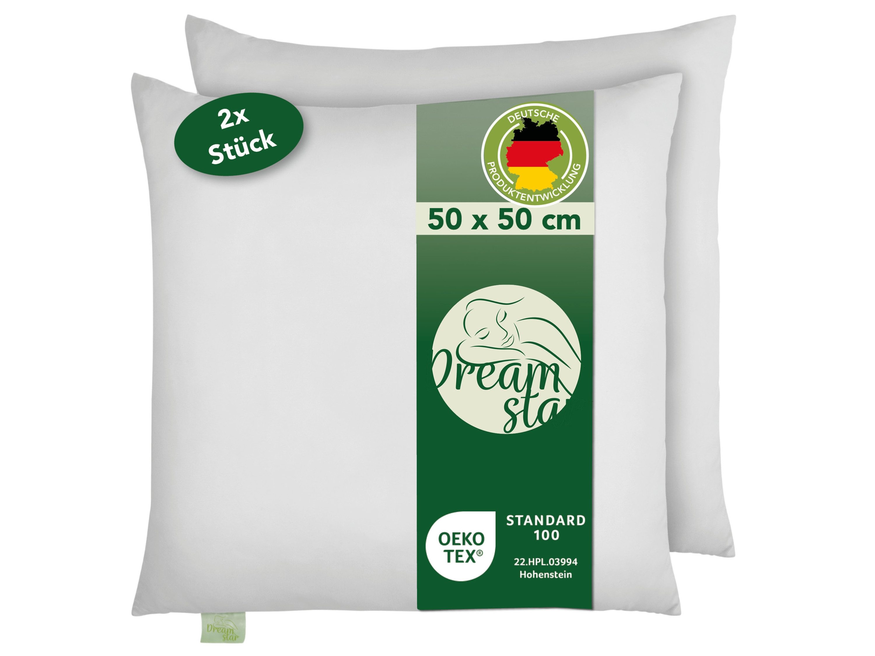 Dreamstar Microfaserkissen Eco, Kopfkissen in verschiedenen Größen - entwickelt in Deutschland, Füllung: Faserfüllung, Bezug: angenehm weiche Microfaser, Seitenschläfer, Rückenschläfer, Bauchschläfer, Set, 2-tlg., waschbar & allergikergeeignet, Kissen 50x50 cm
