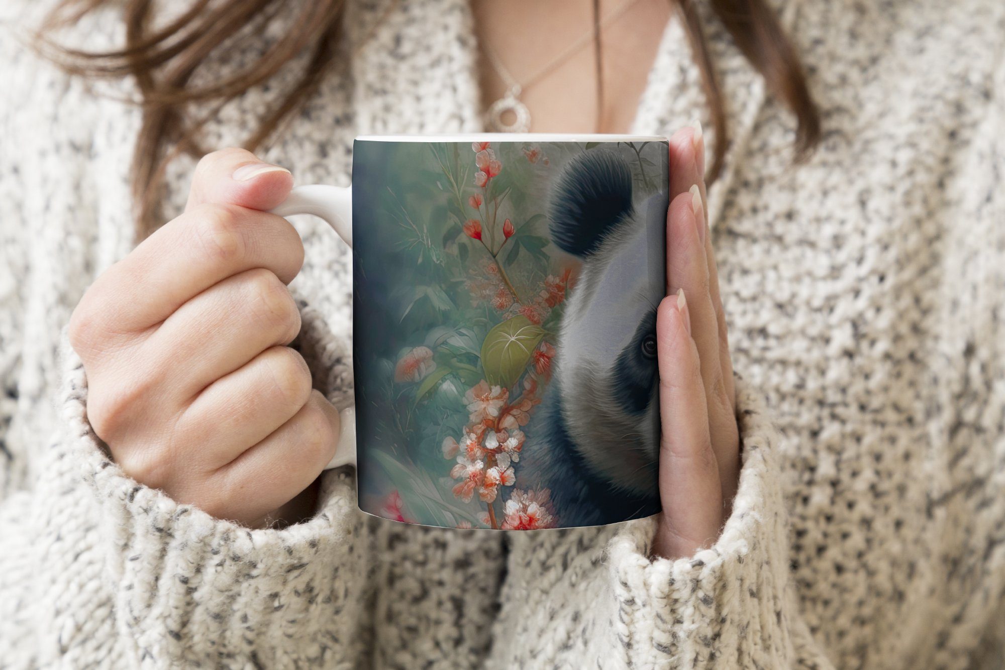 Tasse - Wildtiere Teetasse, Panda Blumen Keramik, - Teetasse, Natur, - MuchoWow Kaffeetassen, Becher, Geschenk