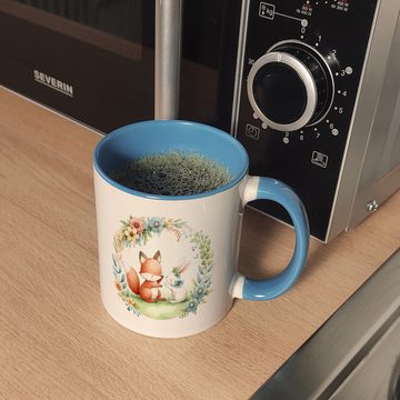 speecheese Tasse Fuchs und Hase mit Blumenkranz Kaffeebecher in hellblau