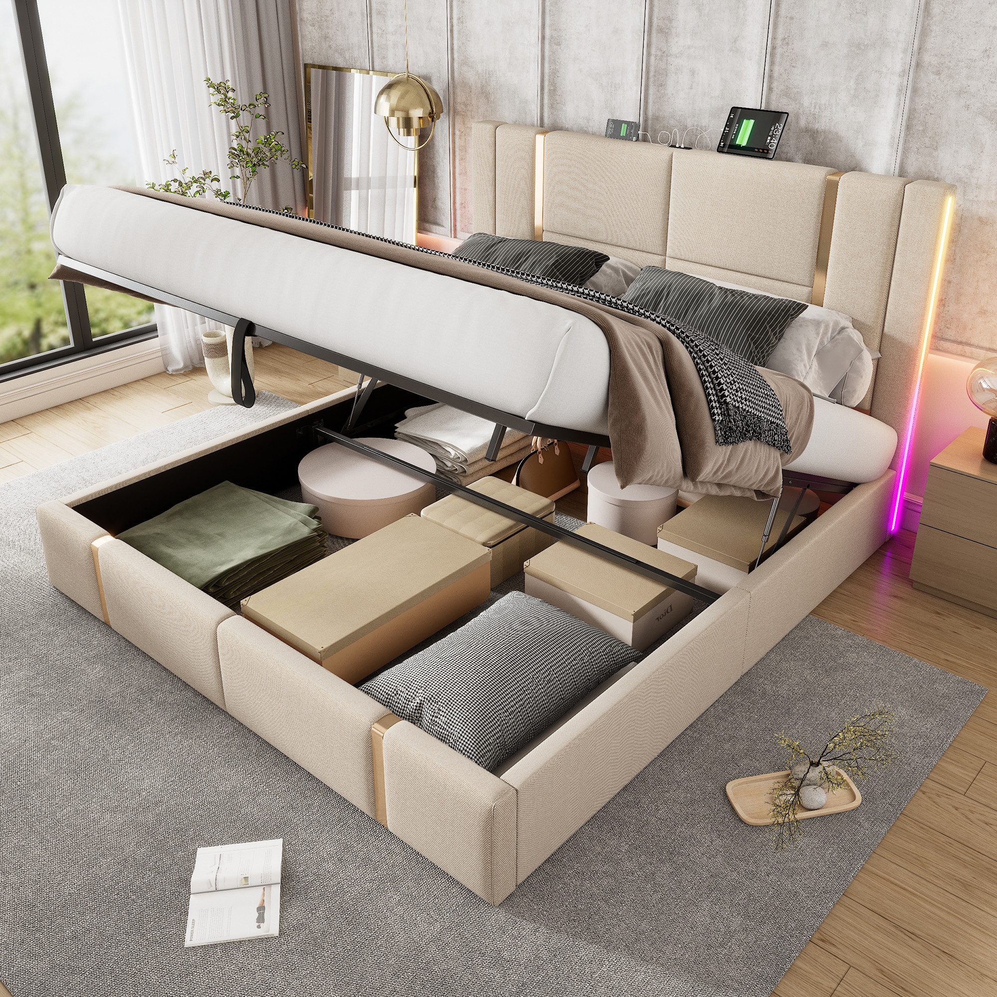 Flieks Polsterbett, LED Hydraulisches Stauraumbett mit USB/Type C Ladefunkt günstig online kaufen