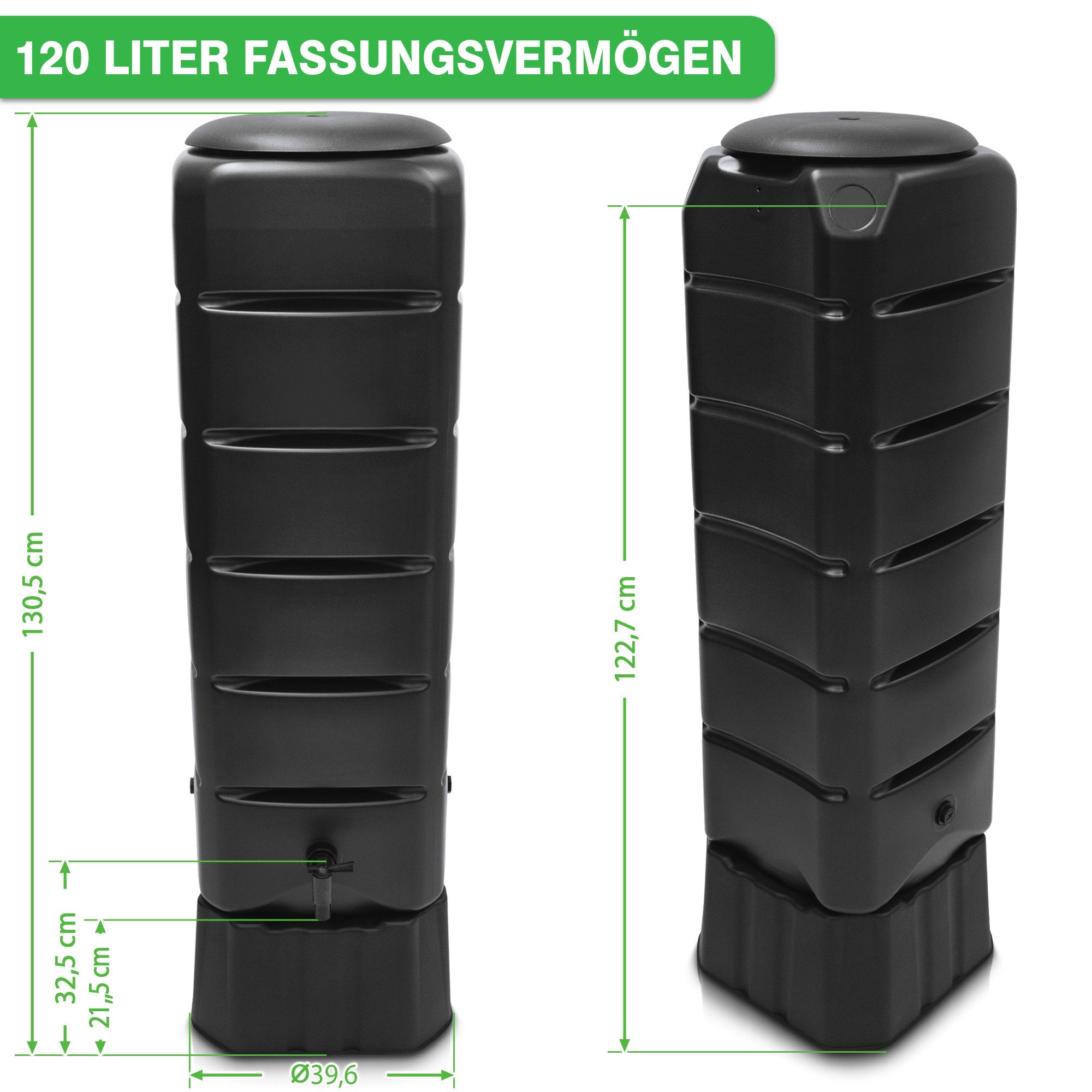 YourCasa Regentonne Regentonne [Tower] 120L mit Standfuss, Deckel & Wasserhahn Regenfass, 120 Liter, Eckig und Schmal, inkl. Sockel 39,6 x 118,6 cm – Bild 3 von 5