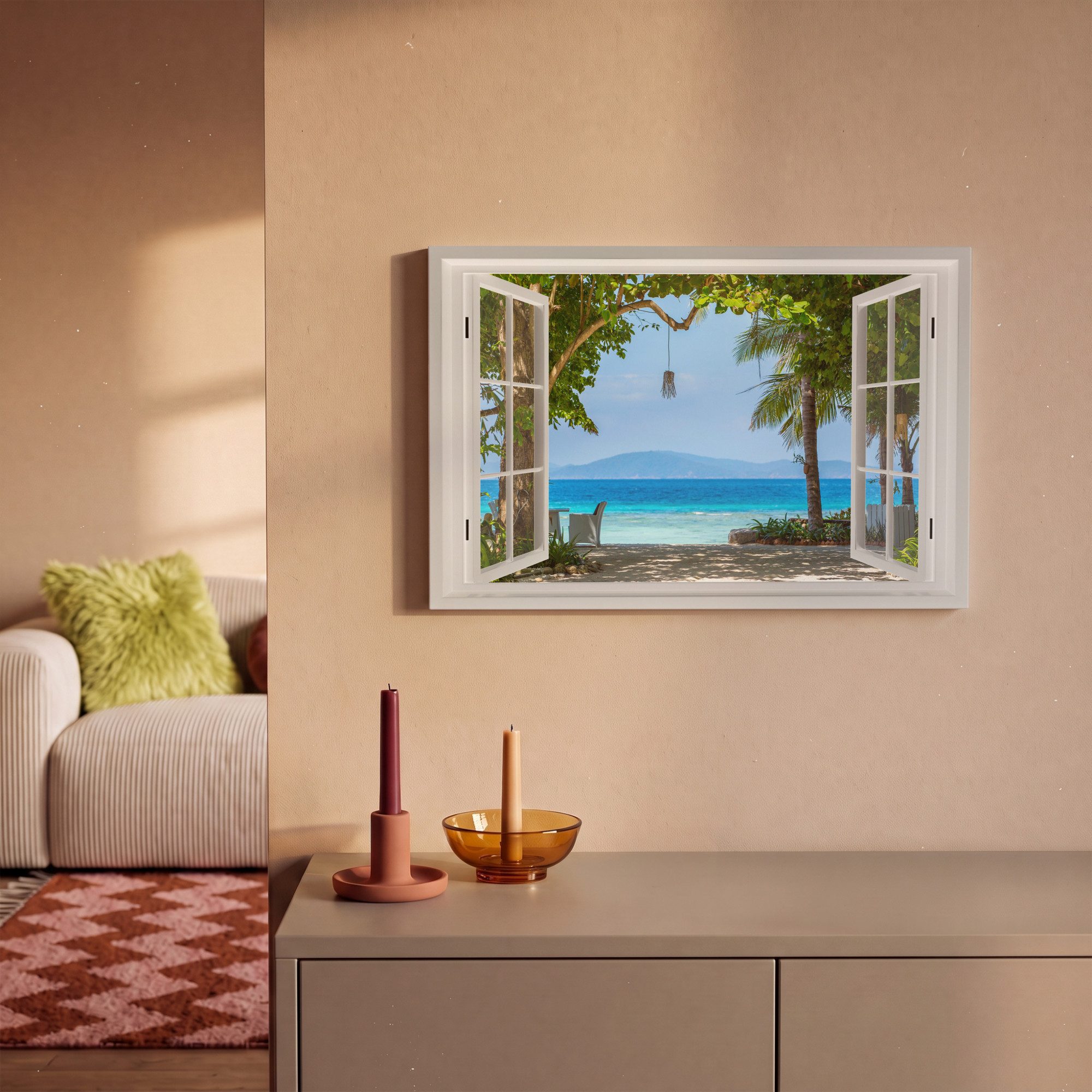 OneMillionCanvasses® Leinwandbild Aussicht - Baum - Meer - Palme - Hügel - Strand - Blau, Fotodruck (1 St), Leinwand Bilder Klein, Wand Dekoration Aesthetic 30x – Bild 2 von 5