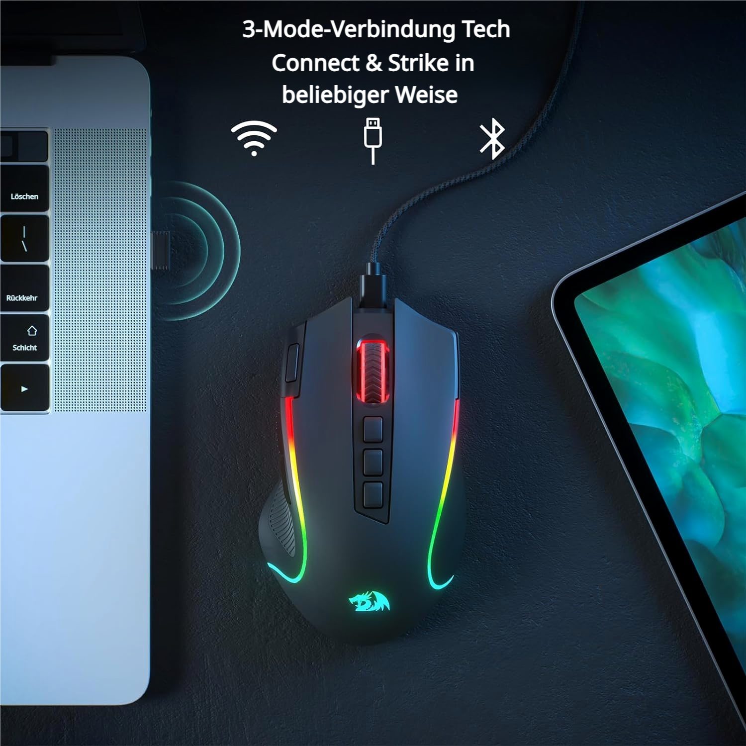 Redragon M612 PRO Optische Gamer-Maus – 8000 DPI, RGB-Beleuchtung Gaming-Maus (2.4 GHz Funk, Bluetooth, kabelgebunden, 3-in-1 Verbindung (BT, Kabel, Drahtlos 2.4GHz)