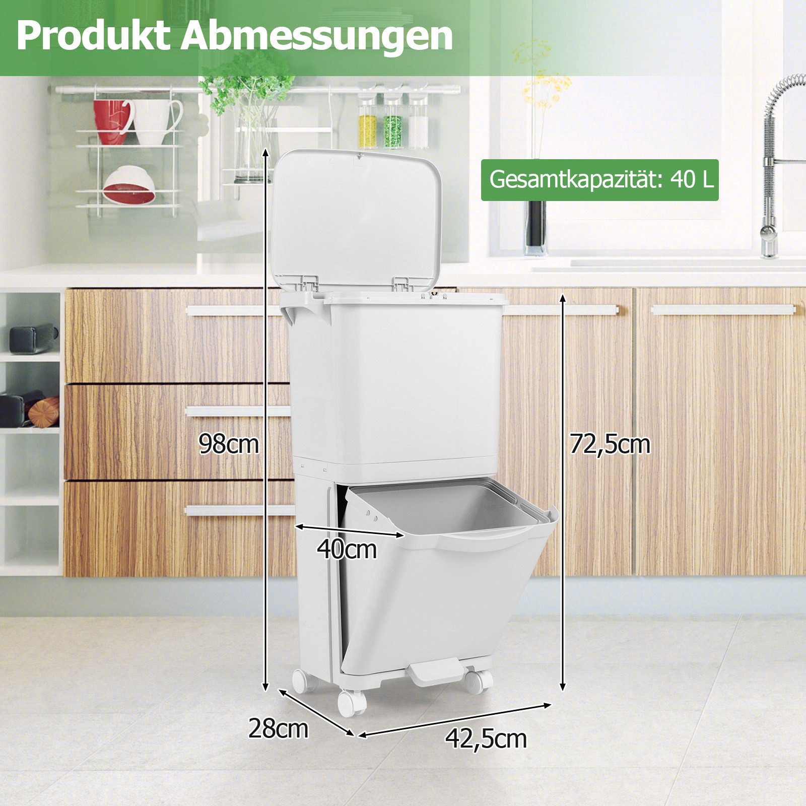 COSTWAY Mülleimer, 40L Abfalleimer Küche, Tretmülleimer auf Rädern