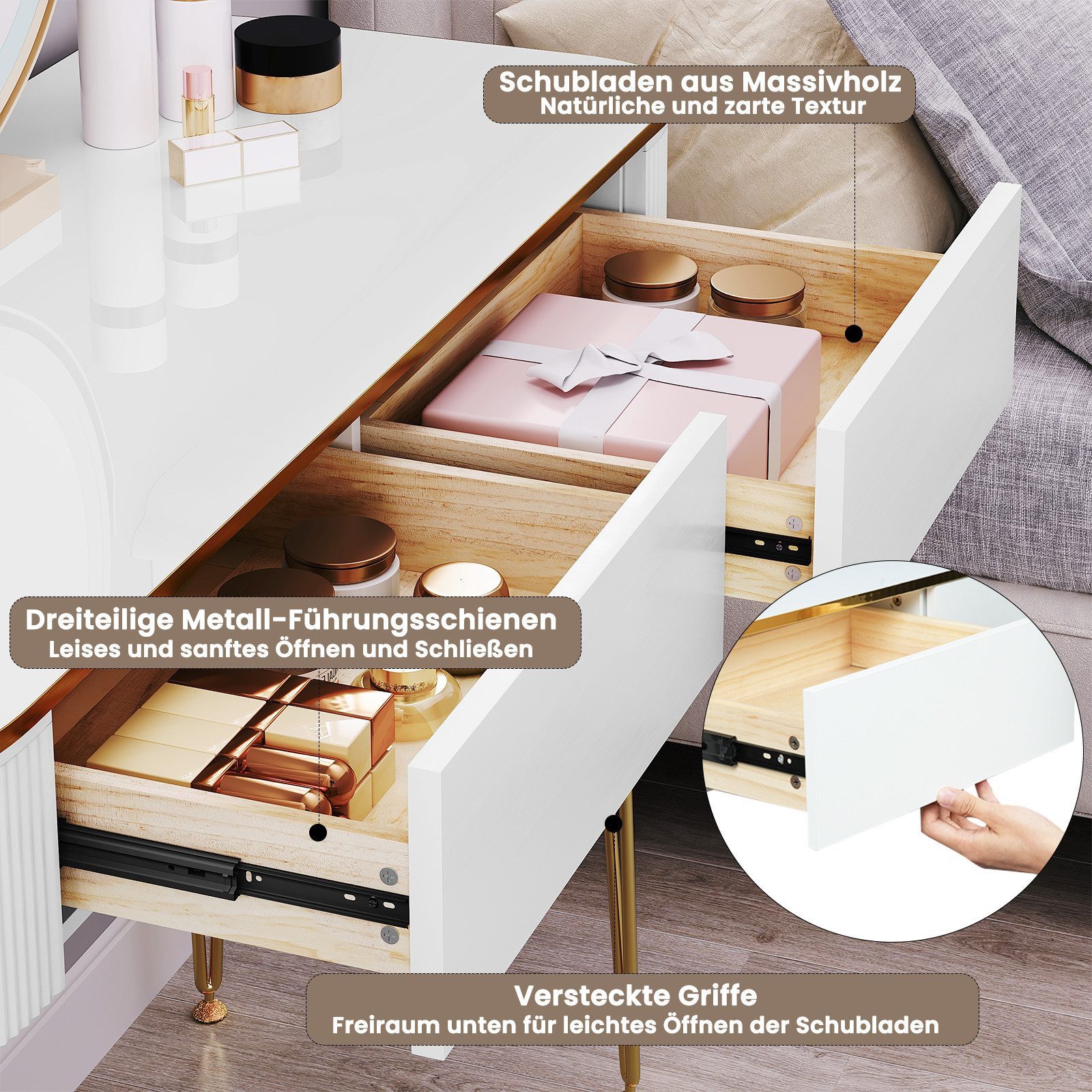 EUGAD Schminktisch (1-St), mit LED-Beleuchtung, einstellbare Helligkeit, mit 2 Schubladen