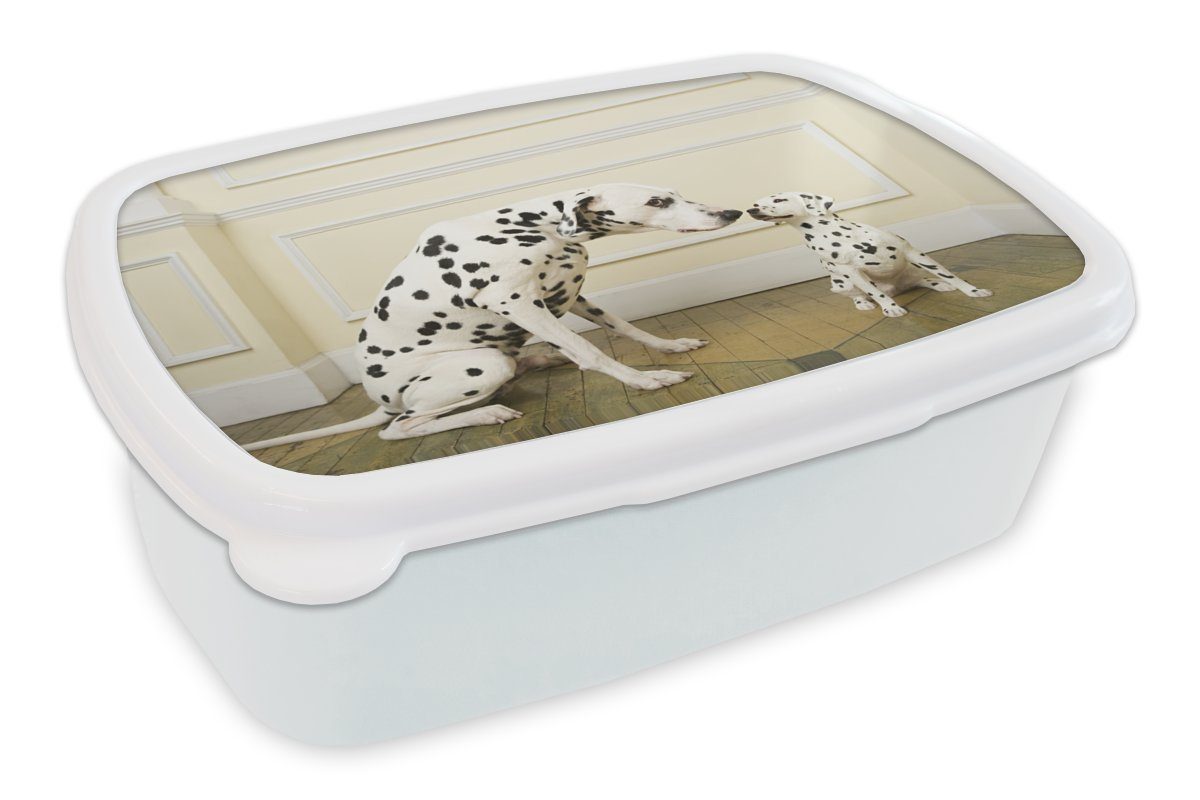 MuchoWow Lunchbox Hund - Welpe - Haus, Kunststoff, (2-tlg), Brotbox für Kinder und Erwachsene, Brotdose, für Jungs und Mädchen weiß