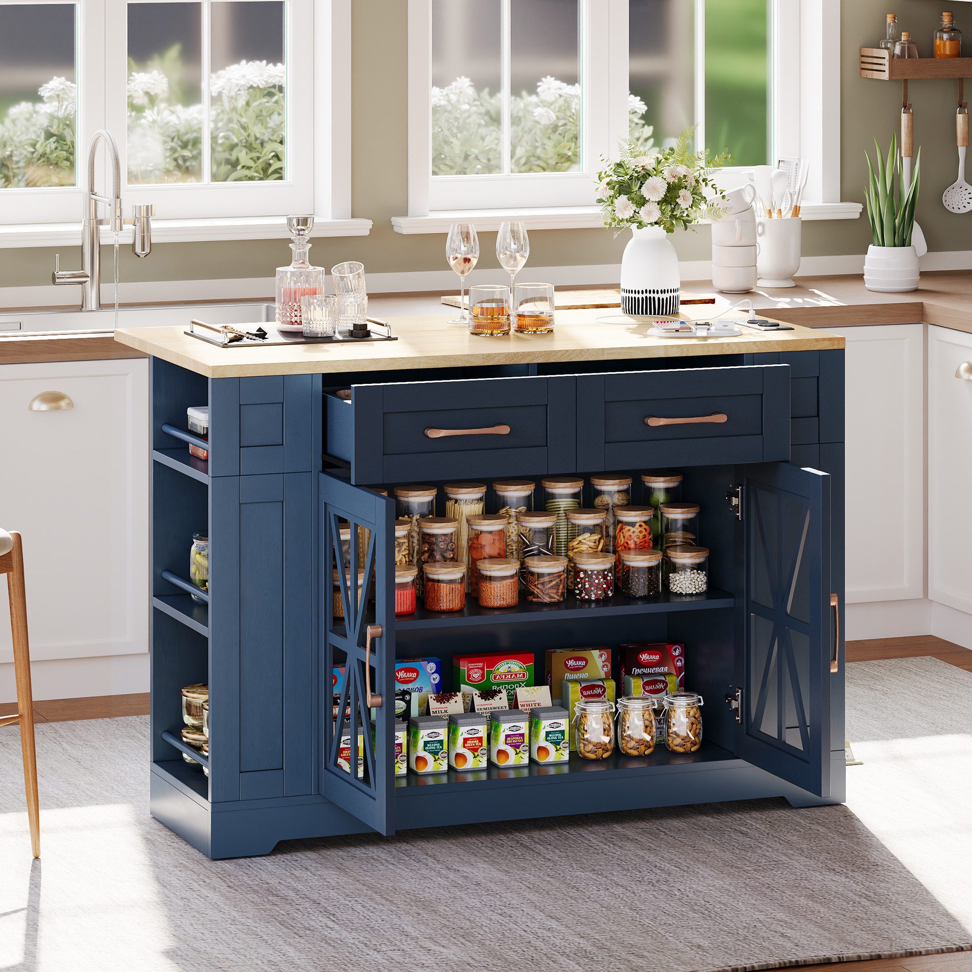 STILVORA Küchenwagen mit ausziehbarer Esstisch Küchenwagen mit Rollen Servierwagen blau, (120 cm Multifunktionale Kücheninsel mit Klapptisch, Integrierter Stromversorgung (2xAC, 2xUSB), Verstellbare Regale & Design-Rollen, L 120x B 40(65) x H 92 cm), mit klappbarem Esstisch