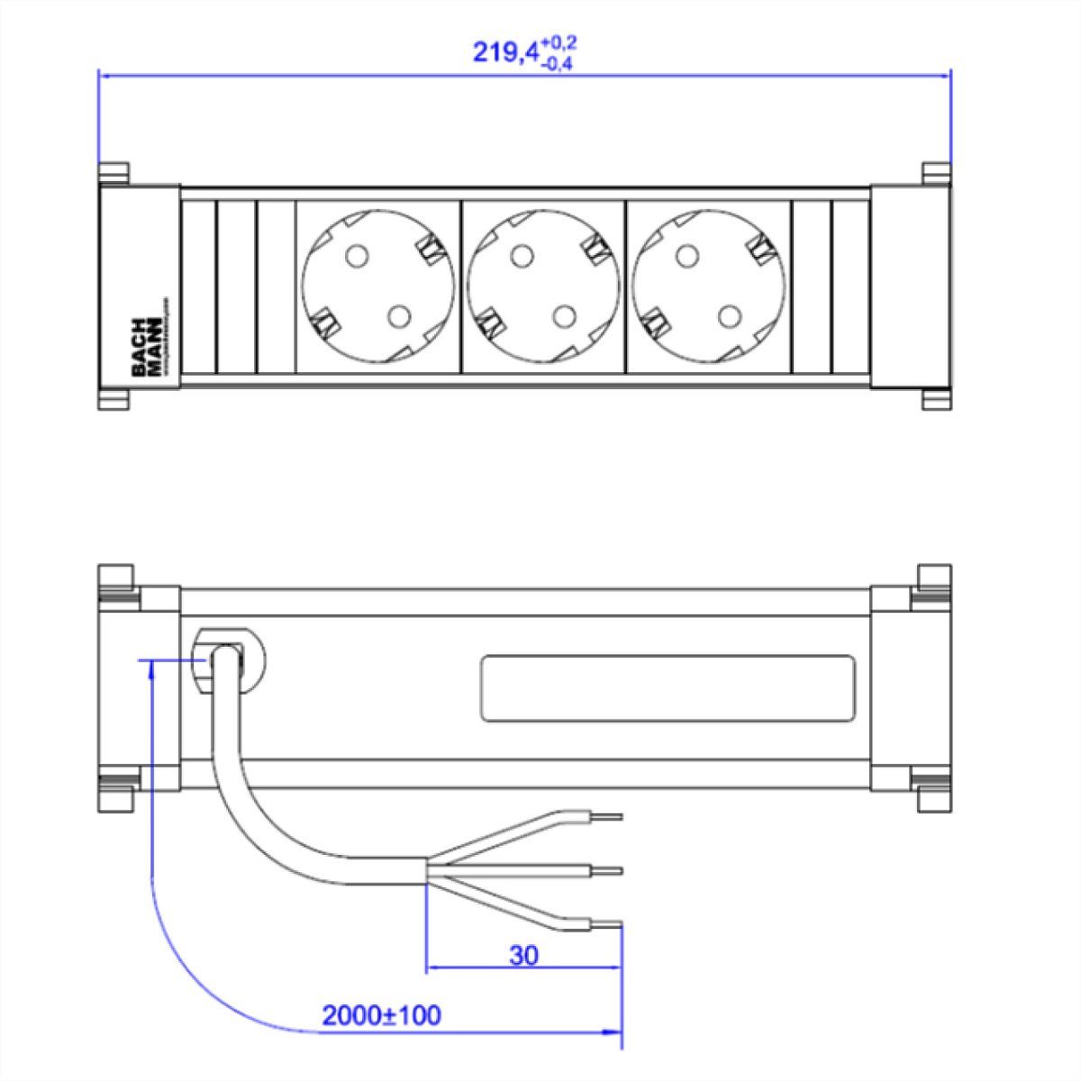 Thumbnail - Bachmann POWER FRAME 3xCEE7/3 Einbau-Tischsteckdosenleiste (Kabellänge 2 m), Strom 2,0m AEH inkl. Montagestecker