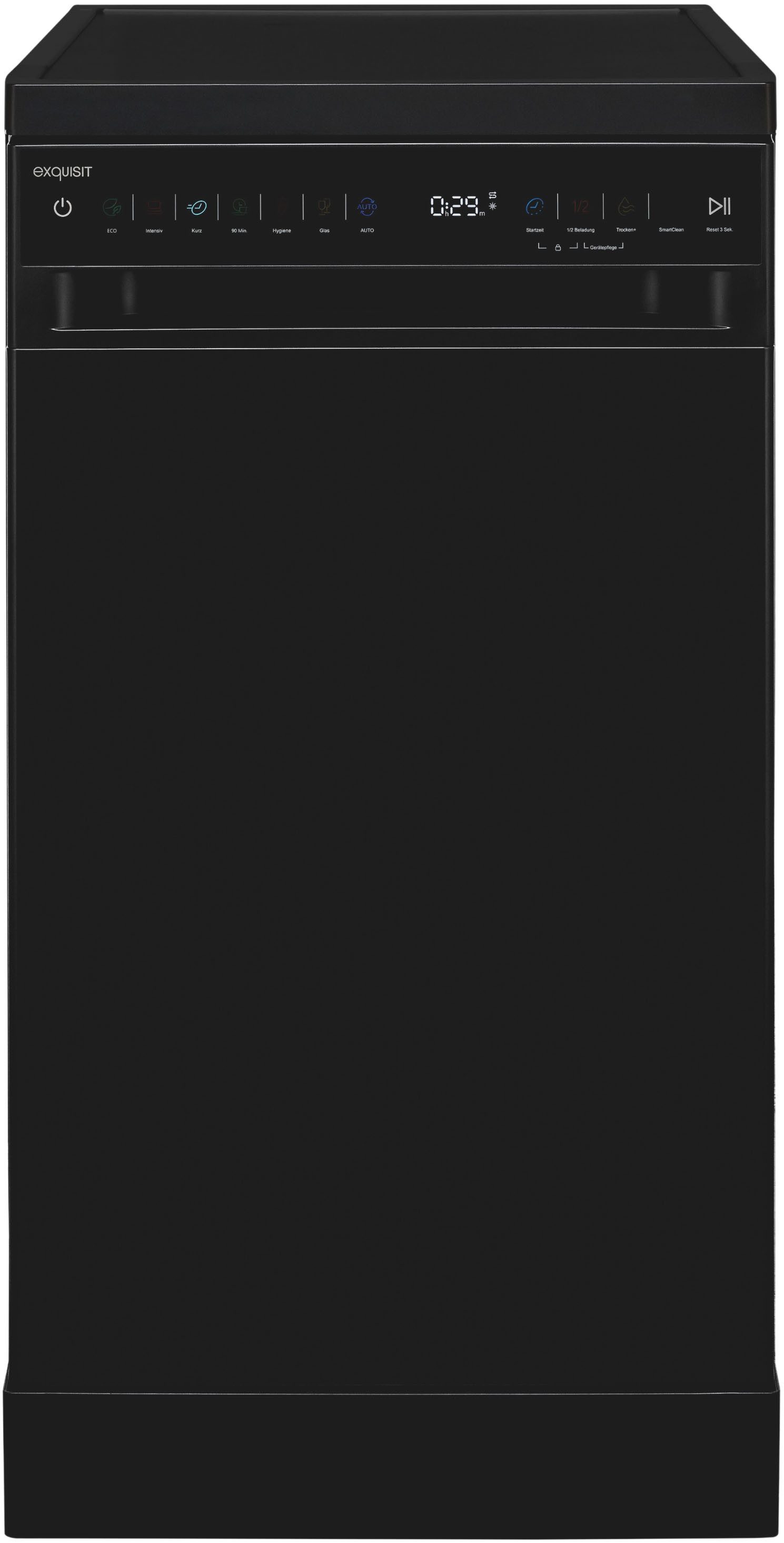 exquisit Standgeschirrspüler 9311 GSP9311-450C schwarz, 9 l, 10 Maßgedecke, 10 Maßgedecke, LED, Besteckschublade, Auto Door Open, AquaStop