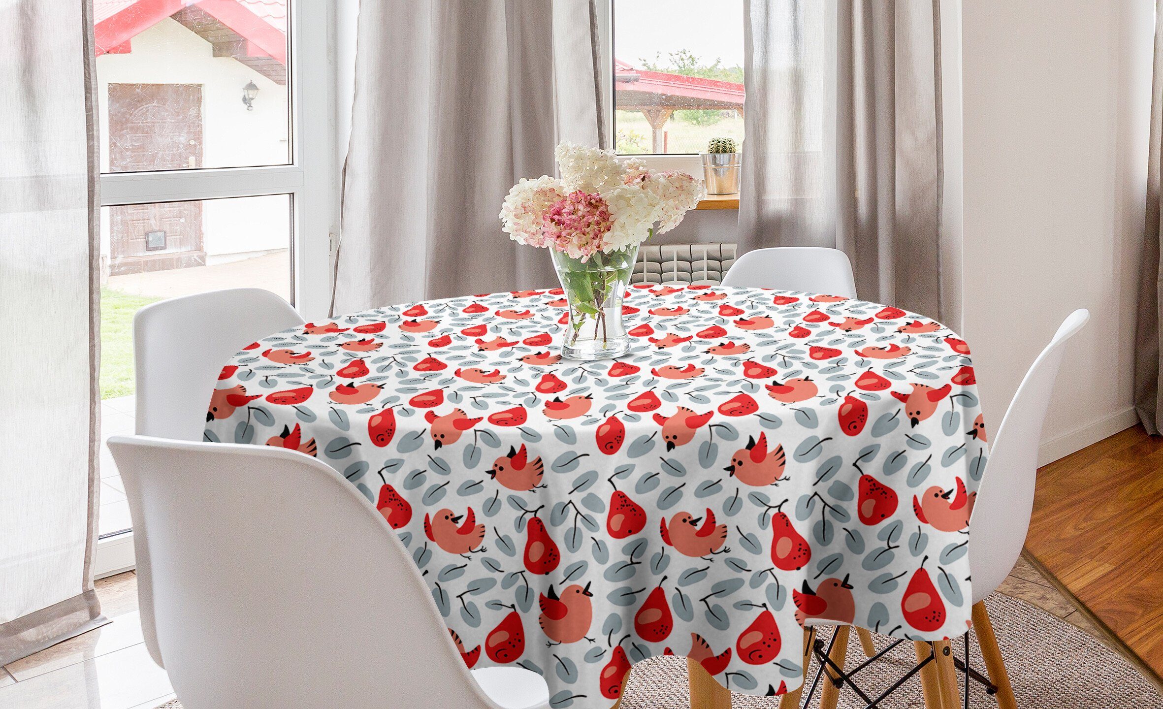 Abakuhaus Tischdecke Kreis Tischdecke Abdeckung für Esszimmer Küche Dekoration, Gekritzel Blätter Glückliche Vögel Birnen