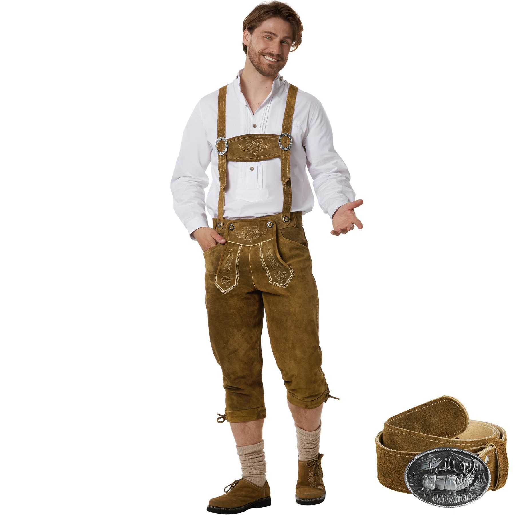 dressforfun Trachtenhose Edle Lange Lederhose aus Rind mit traditionellen Stickereien (Herrenhose Jakob, für Volksfeste in Olivebraun) Robust und langlebig, Inkl. verstellbaren Hosenträgern und Gürtel